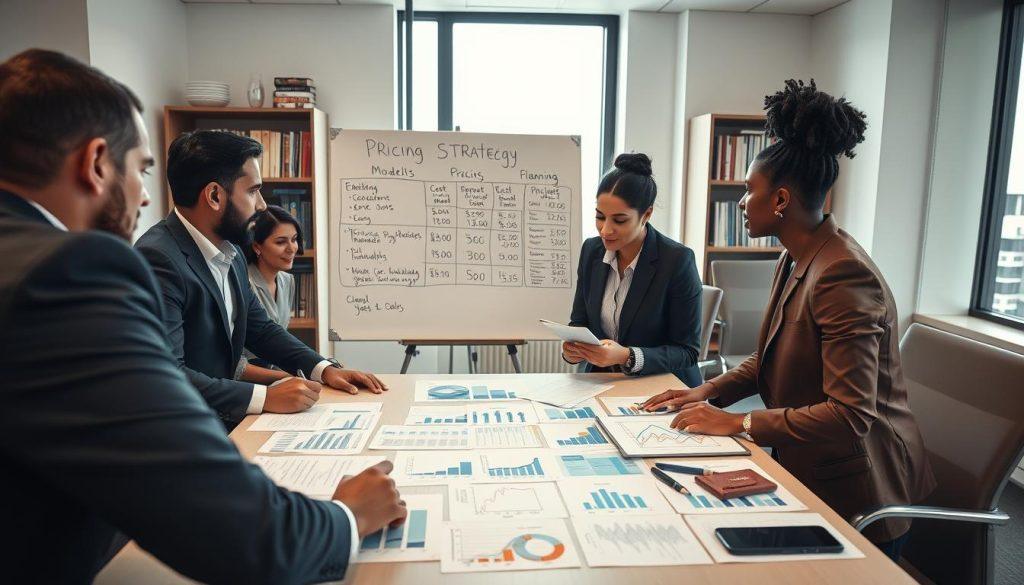 A professional office setting with a focus on pricing strategy planning and cost structure analysis. In the foreground, a diverse group of four business professionals—two men and two women—are engaged in discussion around a large table filled with graphs, charts, and financial documents. The middle ground features a whiteboard displaying pricing models, cost breakdowns, and market research data, all clearly organized. The background shows shelves lined with business books, a window with natural light streaming in, and a cityscape visible outside. The atmosphere is collaborative and energetic, suggesting an important strategy meeting. Soft, diffused lighting enhances the professionalism of the scene, captured from a slight overhead angle to include both the table and the participants. A professional office setting with a focus on pricing strategy planning and cost structure analysis. In the foreground, a diverse group of four business professionals—two men and two women—are engaged in discussion around a large table filled with graphs, charts, and financial documents. The middle ground features a whiteboard displaying pricing models, cost breakdowns, and market research data, all clearly organized. The background shows shelves lined with business books, a window with natural light streaming in, and a cityscape visible outside. The atmosphere is collaborative and energetic, suggesting an important strategy meeting. Soft, diffused lighting enhances the professionalism of the scene, captured from a slight overhead angle to include both the table and the participants.