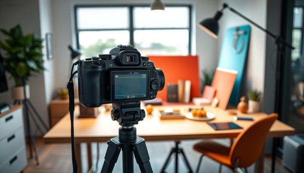 A professional product photography setup showcasing a stylish, modern workspace. In the foreground, a high-quality camera with a macro lens is pointed towards an elegantly arranged product, such as a sleek gadget or a gourmet food item, illuminated by soft, diffused natural light coming from a nearby window. The middle section features a tripod holding the camera steady, alongside props like reflective surfaces and colorful backdrops that enhance the product's appeal. In the background, a clean and orderly workspace with minimal clutter, including subtle hints of office decor, creates a professional atmosphere. The overall mood is inspiring and focused, emphasizing the importance of high-quality product images in online sales. A professional product photography setup showcasing a stylish, modern workspace. In the foreground, a high-quality camera with a macro lens is pointed towards an elegantly arranged product, such as a sleek gadget or a gourmet food item, illuminated by soft, diffused natural light coming from a nearby window. The middle section features a tripod holding the camera steady, alongside props like reflective surfaces and colorful backdrops that enhance the product's appeal. In the background, a clean and orderly workspace with minimal clutter, including subtle hints of office decor, creates a professional atmosphere. The overall mood is inspiring and focused, emphasizing the importance of high-quality product images in online sales.