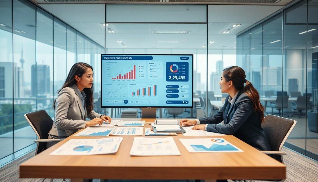 A professional set-up illustrating the five key steps for identifying niche markets in a saturated e-commerce landscape, specifically for Shopee's profit-sharing model. In the foreground, a diverse group of three professionals, dressed in smart business attire, engaged in a brainstorming session around a table covered with charts and market analysis reports. The middle ground features a large digital screen displaying graphs and data points highlighting market trends. In the background, a modern office environment with glass walls and city skyline views. The lighting is bright and focused, creating a vibrant and engaging atmosphere, captured from a slightly elevated angle to emphasize teamwork and collaboration. A professional set-up illustrating the five key steps for identifying niche markets in a saturated e-commerce landscape, specifically for Shopee's profit-sharing model. In the foreground, a diverse group of three professionals, dressed in smart business attire, engaged in a brainstorming session around a table covered with charts and market analysis reports. The middle ground features a large digital screen displaying graphs and data points highlighting market trends. In the background, a modern office environment with glass walls and city skyline views. The lighting is bright and focused, creating a vibrant and engaging atmosphere, captured from a slightly elevated angle to emphasize teamwork and collaboration.