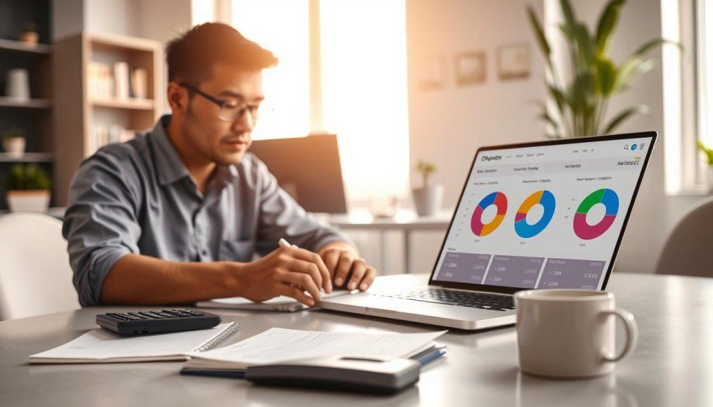 A professional setting depicting a Shopee seller's monthly revenue analysis. In the foreground, a businessperson in modest casual clothing, focused on a laptop showing graphs and charts of income trends, sits at a clean desk cluttered only with a notepad and calculator. In the middle ground, an organized workspace is visible, featuring a small potted plant, a coffee mug, and an open laptop with colorful pie charts representing costs, profits, and sales figures. The background showcases a bright office environment with natural light streaming through a window, illuminating the graphs' vibrant colors. The overall mood is analytical and optimistic, conveying the serious nature of business planning and the potential for success in online sales. A professional setting depicting a Shopee seller's monthly revenue analysis. In the foreground, a businessperson in modest casual clothing, focused on a laptop showing graphs and charts of income trends, sits at a clean desk cluttered only with a notepad and calculator. In the middle ground, an organized workspace is visible, featuring a small potted plant, a coffee mug, and an open laptop with colorful pie charts representing costs, profits, and sales figures. The background showcases a bright office environment with natural light streaming through a window, illuminating the graphs' vibrant colors. The overall mood is analytical and optimistic, conveying the serious nature of business planning and the potential for success in online sales.