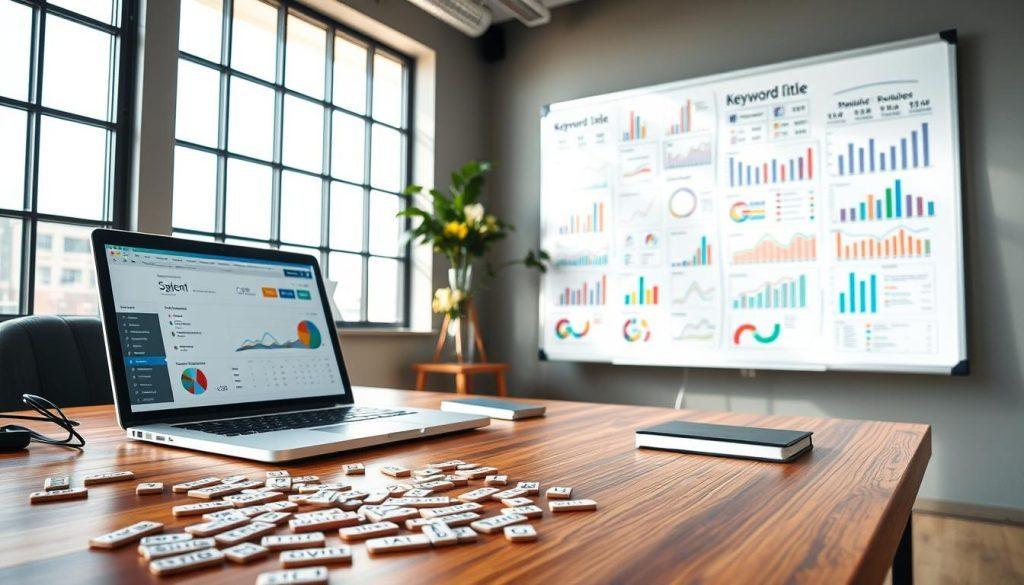 A professional setting depicting a digital marketing workspace focused on SEO optimization for e-commerce. In the foreground, a well-organized desk featuring a laptop displaying analytics and keyword optimization tools. Scattered keywords related to product titles lie next to the laptop, hinting at strategic planning. The middle ground showcases a whiteboard filled with colorful charts and graphs illustrating keyword rankings and search trends, suggesting an active brainstorming session. In the background, a large window lets in natural light, creating a bright and inviting atmosphere. A calm and focused mood prevails, emphasizing professionalism and analytical thinking. The image is shot from a slightly elevated angle, capturing a comprehensive view of the workspace without any text or branding elements. A professional setting depicting a digital marketing workspace focused on SEO optimization for e-commerce. In the foreground, a well-organized desk featuring a laptop displaying analytics and keyword optimization tools. Scattered keywords related to product titles lie next to the laptop, hinting at strategic planning. The middle ground showcases a whiteboard filled with colorful charts and graphs illustrating keyword rankings and search trends, suggesting an active brainstorming session. In the background, a large window lets in natural light, creating a bright and inviting atmosphere. A calm and focused mood prevails, emphasizing professionalism and analytical thinking. The image is shot from a slightly elevated angle, capturing a comprehensive view of the workspace without any text or branding elements.