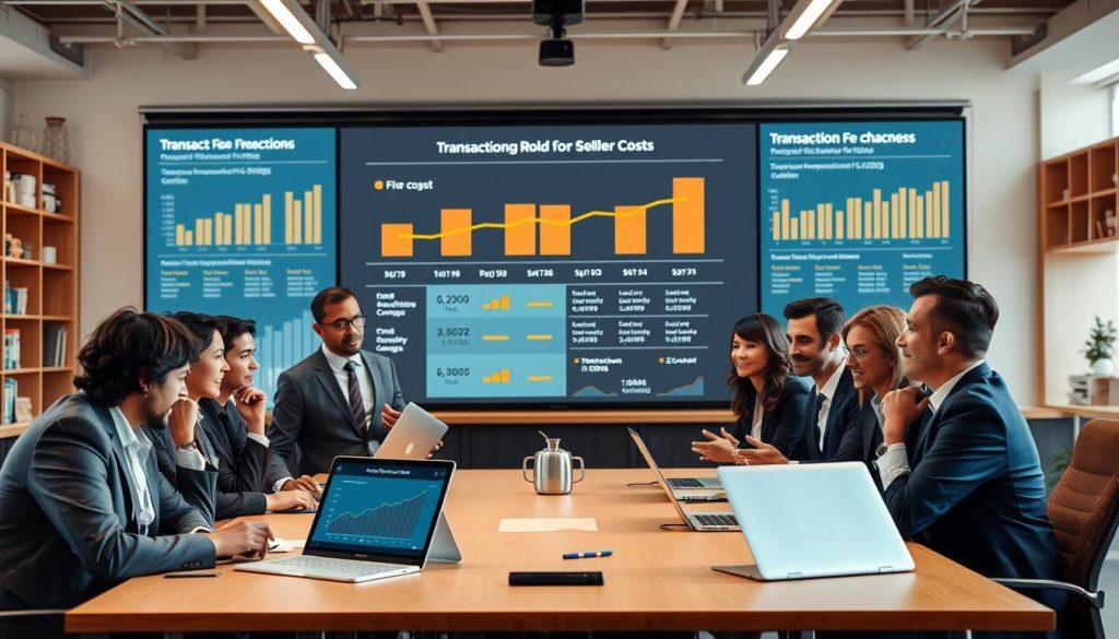A professional setting depicting a digital marketplace scenario, focusing on the impact of transaction fee adjustments on seller costs. In the foreground, a diverse group of business professionals in smart attire is engaged in an animated discussion around a conference table, with graphs and charts on laptops displaying fluctuating fees. The middle ground shows a large digital screen with infographics illustrating fee changes and their implications for sellers. In the background, shelves and offices create a modern, corporate atmosphere, bathed in soft, warm lighting to convey a serious yet constructive mood. The angle is slightly elevated, providing a comprehensive view of the discussion, merging realism with a focus on the economic implications of these adjustments for small businesses. A professional setting depicting a digital marketplace scenario, focusing on the impact of transaction fee adjustments on seller costs. In the foreground, a diverse group of business professionals in smart attire is engaged in an animated discussion around a conference table, with graphs and charts on laptops displaying fluctuating fees. The middle ground shows a large digital screen with infographics illustrating fee changes and their implications for sellers. In the background, shelves and offices create a modern, corporate atmosphere, bathed in soft, warm lighting to convey a serious yet constructive mood. The angle is slightly elevated, providing a comprehensive view of the discussion, merging realism with a focus on the economic implications of these adjustments for small businesses.