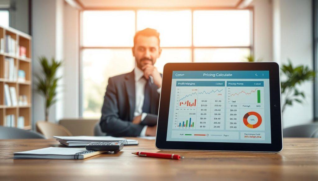 A professional setting depicting a pricing formula illustration for an e-commerce platform. In the foreground, a digital tablet displaying a pricing calculation interface, with colorful graphs and charts showcasing profit margins and pricing strategies. In the middle ground, a confident person in professional business attire analyzing the data, with a thoughtful expression, surrounded by notebooks and a calculator. The background features a modern office space with a large window letting in soft, natural light that enhances the analytical atmosphere. The overall mood is focused and productive, conveying the essence of strategic pricing for sellers. A professional setting depicting a pricing formula illustration for an e-commerce platform. In the foreground, a digital tablet displaying a pricing calculation interface, with colorful graphs and charts showcasing profit margins and pricing strategies. In the middle ground, a confident person in professional business attire analyzing the data, with a thoughtful expression, surrounded by notebooks and a calculator. The background features a modern office space with a large window letting in soft, natural light that enhances the analytical atmosphere. The overall mood is focused and productive, conveying the essence of strategic pricing for sellers.