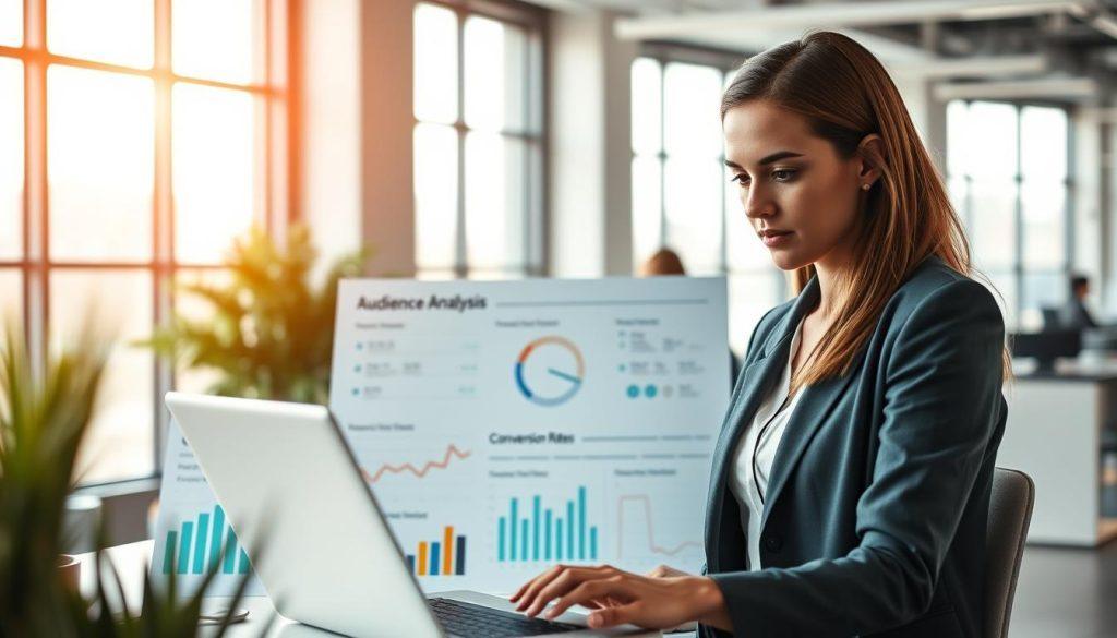 A professional setting showcasing a digital marketing analysis scene. In the foreground, a young businesswoman in a smart casual outfit examines analytics charts on a laptop. The middle ground features a large, visually engaging infographic illustrating "audience analysis" and "conversion rates," adorned with graphs and colorful data points. In the background, a modern office environment with large windows allowing natural light to pour in, enhancing a productive atmosphere. The image should have a warm, focused mood, with soft lighting highlighting the subject and creating a sense of urgency around the importance of targeting the right audience for successful conversions. The perspective is slightly angled, inviting viewers into this analytical digital space. A professional setting showcasing a digital marketing analysis scene. In the foreground, a young businesswoman in a smart casual outfit examines analytics charts on a laptop. The middle ground features a large, visually engaging infographic illustrating "audience analysis" and "conversion rates," adorned with graphs and colorful data points. In the background, a modern office environment with large windows allowing natural light to pour in, enhancing a productive atmosphere. The image should have a warm, focused mood, with soft lighting highlighting the subject and creating a sense of urgency around the importance of targeting the right audience for successful conversions. The perspective is slightly angled, inviting viewers into this analytical digital space.