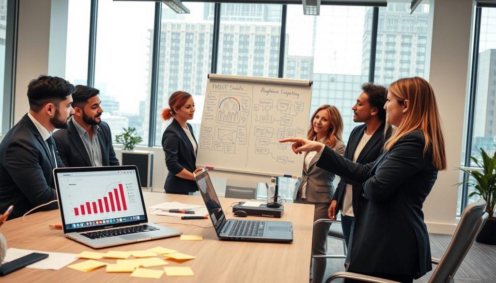 A professional setting showcasing a digital marketing workspace, featuring a modern, well-organized desk with a laptop displaying analytical charts on an e-commerce platform, specifically Shopee. In the foreground, a diverse group of three business professionals in smart casual attire are engaged in a discussion, pointing at the screen with focused expressions. The middle ground includes sticky notes and a whiteboard filled with strategic ideas and flowcharts related to algorithm insights. The background shows a bright office space with large windows allowing natural light to illuminate the scene, creating an atmosphere of collaboration and innovation. The overall mood is inspiring and motivating, emphasizing teamwork and strategic thinking. The image should not contain any text, overlays, or watermarks. A professional setting showcasing a digital marketing workspace, featuring a modern, well-organized desk with a laptop displaying analytical charts on an e-commerce platform, specifically Shopee. In the foreground, a diverse group of three business professionals in smart casual attire are engaged in a discussion, pointing at the screen with focused expressions. The middle ground includes sticky notes and a whiteboard filled with strategic ideas and flowcharts related to algorithm insights. The background shows a bright office space with large windows allowing natural light to illuminate the scene, creating an atmosphere of collaboration and innovation. The overall mood is inspiring and motivating, emphasizing teamwork and strategic thinking. The image should not contain any text, overlays, or watermarks.
