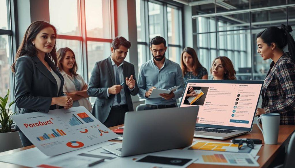 A professional setting showcasing a diverse group of individuals engaged in a dynamic brainstorming session. In the foreground, a confident businesswoman in professional attire stands by a table covered with large visual aids, including charts and images of product descriptions. In the middle, a thoughtful businessman jots down ideas on a notepad, while a laptop displays a well-designed product listing. The background features a modern office with large windows allowing natural light to illuminate the scene, creating a bright and inspiring atmosphere. The mood is collaborative and energetic, emphasizing the importance of persuasive and complete product descriptions for increasing sales conversion rates. The composition should be captured from a slight angle to provide depth, with vibrant colors to enhance engagement and focus. A professional setting showcasing a diverse group of individuals engaged in a dynamic brainstorming session. In the foreground, a confident businesswoman in professional attire stands by a table covered with large visual aids, including charts and images of product descriptions. In the middle, a thoughtful businessman jots down ideas on a notepad, while a laptop displays a well-designed product listing. The background features a modern office with large windows allowing natural light to illuminate the scene, creating a bright and inspiring atmosphere. The mood is collaborative and energetic, emphasizing the importance of persuasive and complete product descriptions for increasing sales conversion rates. The composition should be captured from a slight angle to provide depth, with vibrant colors to enhance engagement and focus.