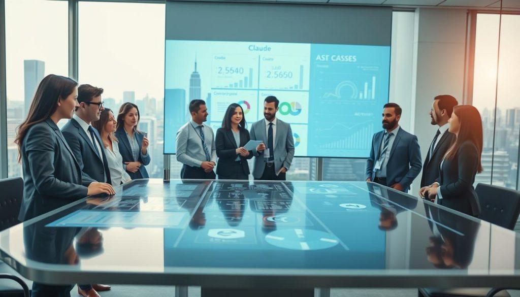 A professional setting showcasing a successful demonstration of "Claude," symbolizing advanced AI technology. In the foreground, a diverse group of business professionals, dressed in formal business attire, is engaged in discussion around a sleek, modern presentation table that displays an interactive digital interface showing various analytics and user feedback. In the middle ground, various charts and graphs are projected on a wall, illustrating successful use cases of Claude. The background features large windows with a city skyline, illuminated by soft natural light, creating a bright and optimistic atmosphere. The image conveys a sense of collaboration, innovation, and progress, with a slight depth of field effect to focus on the professionals engaging with the technology. A professional setting showcasing a successful demonstration of "Claude," symbolizing advanced AI technology. In the foreground, a diverse group of business professionals, dressed in formal business attire, is engaged in discussion around a sleek, modern presentation table that displays an interactive digital interface showing various analytics and user feedback. In the middle ground, various charts and graphs are projected on a wall, illustrating successful use cases of Claude. The background features large windows with a city skyline, illuminated by soft natural light, creating a bright and optimistic atmosphere. The image conveys a sense of collaboration, innovation, and progress, with a slight depth of field effect to focus on the professionals engaging with the technology.