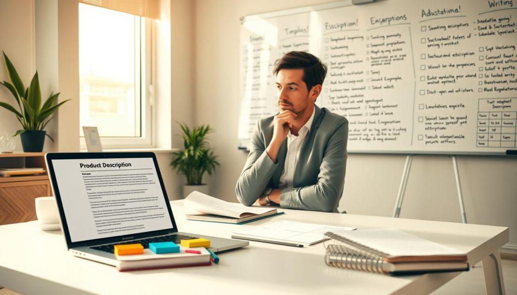 A professional setting showcasing a well-designed workspace focused on product description writing techniques. In the foreground, a clean desk with a laptop displaying a product description document, colorful sticky notes, and a high-quality notebook. The middle ground features a thoughtful business person dressed in smart casual attire, thoughtfully analyzing the product description, with a focused expression. In the background, a large whiteboard filled with handwritten tips and examples of effective product descriptions, emphasizing clarity and engagement. Soft, natural lighting from a nearby window casts a warm glow, creating an inviting atmosphere for creativity and productivity, with subtle shadows enhancing depth. The overall mood should convey professionalism, diligence, and inspiration. A professional setting showcasing a well-designed workspace focused on product description writing techniques. In the foreground, a clean desk with a laptop displaying a product description document, colorful sticky notes, and a high-quality notebook. The middle ground features a thoughtful business person dressed in smart casual attire, thoughtfully analyzing the product description, with a focused expression. In the background, a large whiteboard filled with handwritten tips and examples of effective product descriptions, emphasizing clarity and engagement. Soft, natural lighting from a nearby window casts a warm glow, creating an inviting atmosphere for creativity and productivity, with subtle shadows enhancing depth. The overall mood should convey professionalism, diligence, and inspiration.