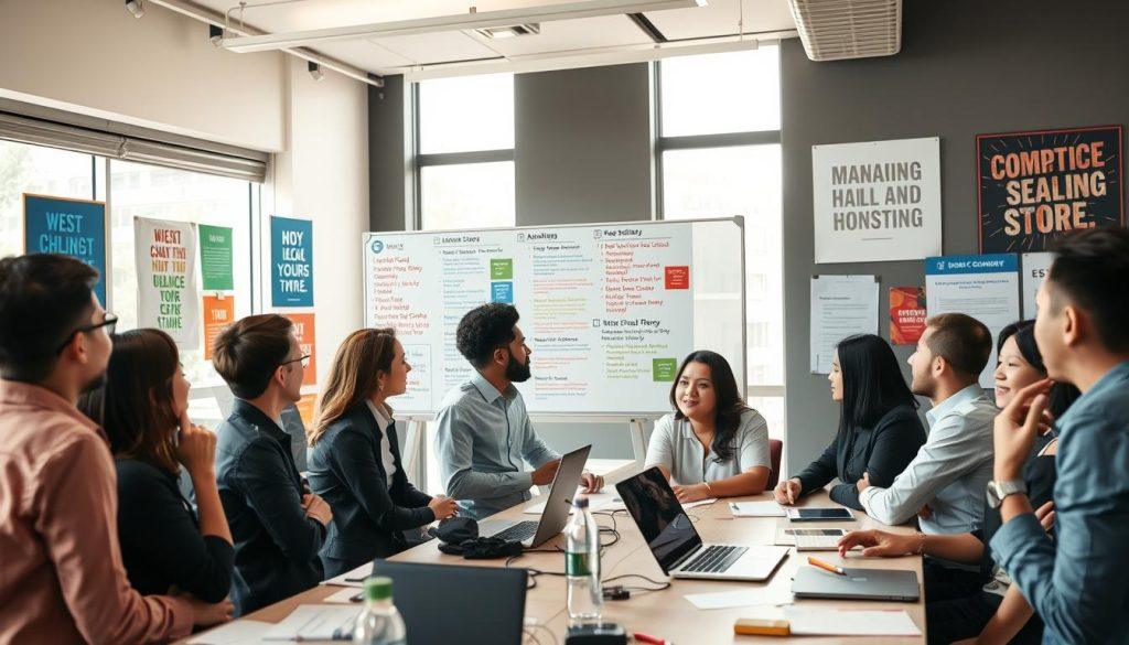 A professional setting showcasing an engaging workshop about sharing experiences on managing an online store, specifically within the context of a platform like Shopee. In the foreground, a diverse group of individuals, dressed in smart casual attire, are gathered around a table filled with notes and laptops, actively discussing strategies. The middle ground features a large whiteboard filled with colorful diagrams and key points emphasizing common pitfalls and best practices. In the background, a well-lit room with modern decor and motivational posters related to entrepreneurship and e-commerce. Natural light filters through large windows, creating a bright, inspiring atmosphere that suggests collaboration and learning. The overall mood is one of energy, curiosity, and professional development, inviting viewers to explore the journey of online selling challenges and insights. A professional setting showcasing an engaging workshop about sharing experiences on managing an online store, specifically within the context of a platform like Shopee. In the foreground, a diverse group of individuals, dressed in smart casual attire, are gathered around a table filled with notes and laptops, actively discussing strategies. The middle ground features a large whiteboard filled with colorful diagrams and key points emphasizing common pitfalls and best practices. In the background, a well-lit room with modern decor and motivational posters related to entrepreneurship and e-commerce. Natural light filters through large windows, creating a bright, inspiring atmosphere that suggests collaboration and learning. The overall mood is one of energy, curiosity, and professional development, inviting viewers to explore the journey of online selling challenges and insights.
