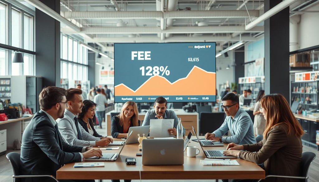A professional setting showcasing the impact of platform policy changes on sellers. In the foreground, depict a group of diverse sellers, dressed in business attire, engaged in a heated discussion around a table filled with charts and laptops representing sales data. The middle ground features a large digital screen displaying fluctuating fee percentages, symbolizing the adjustment in transaction costs. In the background, a bustling office environment with shelves of products and lively employees demonstrates the vibrant commerce of an online marketplace. Soft, natural lighting creates a serious yet hopeful atmosphere, capturing the tension and resilience in adapting to the new policies. Use a slightly elevated angle to encompass the dynamic interactions and the overall setting. A professional setting showcasing the impact of platform policy changes on sellers. In the foreground, depict a group of diverse sellers, dressed in business attire, engaged in a heated discussion around a table filled with charts and laptops representing sales data. The middle ground features a large digital screen displaying fluctuating fee percentages, symbolizing the adjustment in transaction costs. In the background, a bustling office environment with shelves of products and lively employees demonstrates the vibrant commerce of an online marketplace. Soft, natural lighting creates a serious yet hopeful atmosphere, capturing the tension and resilience in adapting to the new policies. Use a slightly elevated angle to encompass the dynamic interactions and the overall setting.