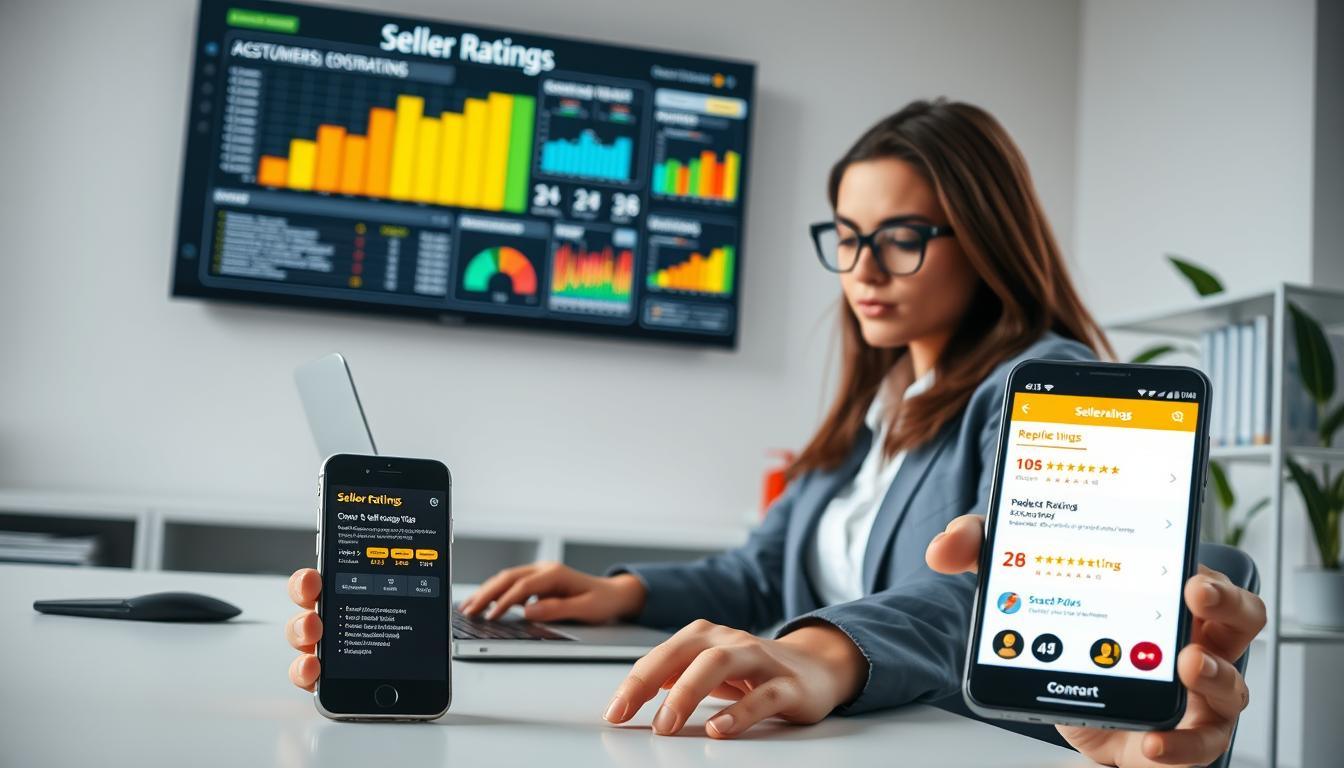 A professional woman in business attire sits at a modern desk, focused on her laptop, analyzing data and implementing strategies for improving seller ratings on an e-commerce platform. Behind her, a wall-mounted screen displays colorful graphs, charts, and icons representing customer feedback and search ranking metrics. The foreground features a close-up of a smartphone showcasing a shopping app with glowing product ratings. Soft, bright lighting illuminates the room, creating a focused atmosphere. The background includes a sleek bookshelf filled with business-related books and a plant for a touch of color, enhancing the professional mood. The angle is slightly aerial, giving a comprehensive view of the workspace and the woman’s engagement in enhancing market visibility through effective reputation management.