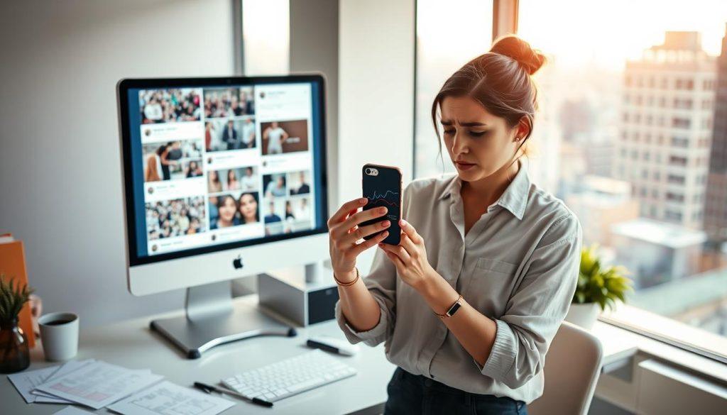 A professional woman in modest casual clothing stands in a modern office space, looking frustrated while staring at a computer screen displaying a chaotic social media feed. She is holding a smartphone, showcasing a graph that illustrates the underwhelming engagement metrics of her shared links. In the background, a large window lets in soft, natural light, creating a warm ambiance. Papers with sketches of social media strategies are scattered on her desk, hinting at her brainstorming process. The atmosphere is tense yet focused, highlighting the challenges of effectively sharing affiliate marketing links on social media platforms. The composition balances foreground focus on the woman and smartphone, with mid-ground elements of the office setting and the soft blur of the cityscape outside. A professional woman in modest casual clothing stands in a modern office space, looking frustrated while staring at a computer screen displaying a chaotic social media feed. She is holding a smartphone, showcasing a graph that illustrates the underwhelming engagement metrics of her shared links. In the background, a large window lets in soft, natural light, creating a warm ambiance. Papers with sketches of social media strategies are scattered on her desk, hinting at her brainstorming process. The atmosphere is tense yet focused, highlighting the challenges of effectively sharing affiliate marketing links on social media platforms. The composition balances foreground focus on the woman and smartphone, with mid-ground elements of the office setting and the soft blur of the cityscape outside.