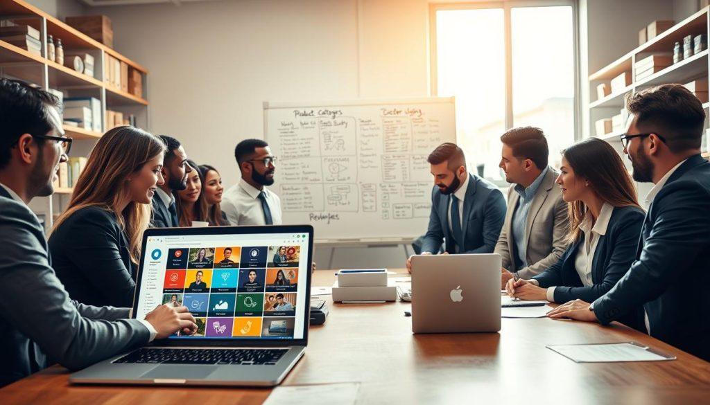 A professional workspace featuring a diverse group of individuals in business attire, brainstorming around a large table. In the foreground, display a laptop with a colorful interface showing product categories and keyword suggestions, surrounded by notes and charts. In the middle, have a whiteboard filled with diagrams and lists related to product classification strategies and keyword techniques. The background should include shelves stocked with various products and a large window letting in natural light, creating a bright and inviting atmosphere. The scene captures a collaborative and focused mood, emphasizing teamwork and strategic planning in online selling. Soft, warm lighting enhances the productivity vibe without any distractions. A professional workspace featuring a diverse group of individuals in business attire, brainstorming around a large table. In the foreground, display a laptop with a colorful interface showing product categories and keyword suggestions, surrounded by notes and charts. In the middle, have a whiteboard filled with diagrams and lists related to product classification strategies and keyword techniques. The background should include shelves stocked with various products and a large window letting in natural light, creating a bright and inviting atmosphere. The scene captures a collaborative and focused mood, emphasizing teamwork and strategic planning in online selling. Soft, warm lighting enhances the productivity vibe without any distractions.