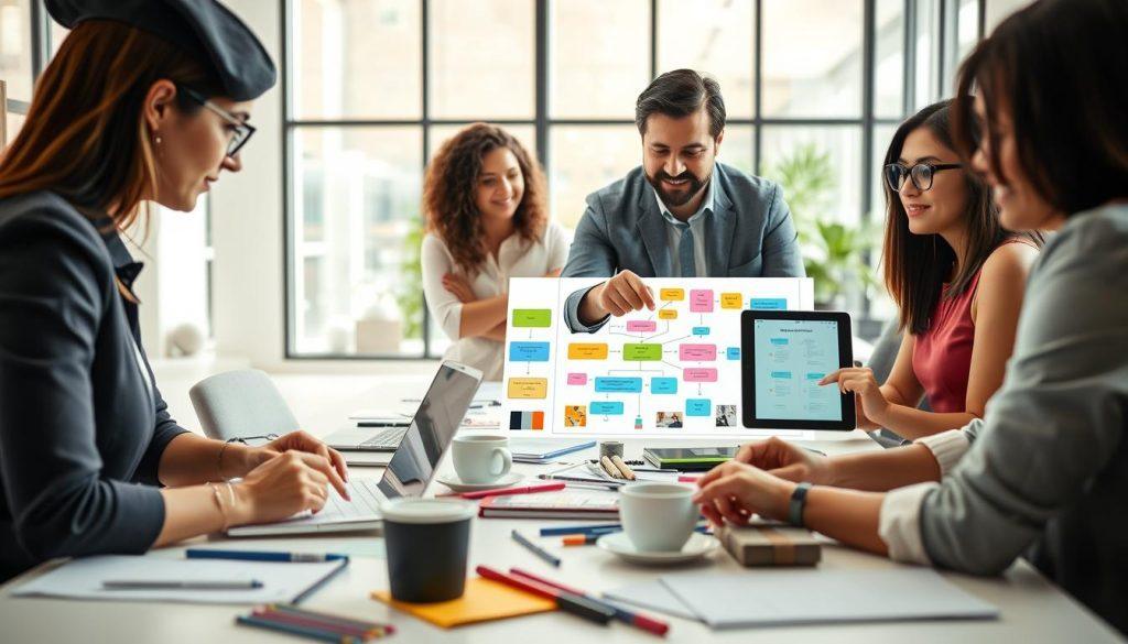 A professional workspace scene featuring a diverse group of individuals engaged in a brainstorming session on writing product descriptions. In the foreground, a woman in smart casual attire is focused on her laptop screen, taking notes. Beside her, a man in business attire is pointing to a colorful flowchart about SEO optimization displayed on a tablet. In the middle ground, a large table is cluttered with stationery, coffee cups, and product samples, creating a dynamic atmosphere of collaboration. The background showcases a bright, modern office with large windows letting in natural light, planting a sense of clarity and inspiration. The overall mood is productive and innovative, emphasizing teamwork and the art of crafting effective product descriptions for better visibility. A professional workspace scene featuring a diverse group of individuals engaged in a brainstorming session on writing product descriptions. In the foreground, a woman in smart casual attire is focused on her laptop screen, taking notes. Beside her, a man in business attire is pointing to a colorful flowchart about SEO optimization displayed on a tablet. In the middle ground, a large table is cluttered with stationery, coffee cups, and product samples, creating a dynamic atmosphere of collaboration. The background showcases a bright, modern office with large windows letting in natural light, planting a sense of clarity and inspiration. The overall mood is productive and innovative, emphasizing teamwork and the art of crafting effective product descriptions for better visibility.