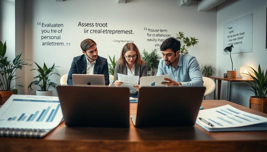A professional workspace setting depicting a diverse group of individuals engaged in a collaborative session to assess personal capabilities for entrepreneurship. In the foreground, a table with evaluation charts, laptops, and notebooks, symbolizing the analytical process. The middle ground features three individuals in smart casual attire, deep in discussion, analyzing data and brainstorming ideas, reflecting determination and teamwork. The background shows a wall with motivational business quotes and plants for a fresh atmosphere. Soft, diffused lighting illuminates the space, creating a warm, inviting mood that encourages creativity and focus. The angle captures the action from slightly above, providing an overview of the engagement and activity in the room. A professional workspace setting depicting a diverse group of individuals engaged in a collaborative session to assess personal capabilities for entrepreneurship. In the foreground, a table with evaluation charts, laptops, and notebooks, symbolizing the analytical process. The middle ground features three individuals in smart casual attire, deep in discussion, analyzing data and brainstorming ideas, reflecting determination and teamwork. The background shows a wall with motivational business quotes and plants for a fresh atmosphere. Soft, diffused lighting illuminates the space, creating a warm, inviting mood that encourages creativity and focus. The angle captures the action from slightly above, providing an overview of the engagement and activity in the room.