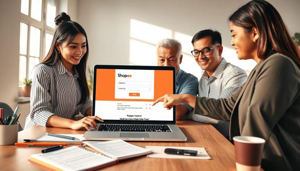 A professional workspace setting featuring a neatly arranged desk with a laptop displaying the Shopee registration page. In the foreground, include a diverse group of three individuals: a young Asian woman, a middle-aged Caucasian man, and a Hispanic woman, all dressed in smart casual attire, collaborating on the registration process, pointing at the screen. The middle ground shows a well-organized workspace with stationery, a notebook filled with a checklist, and a coffee cup. In the background, a bright window fills the room with natural light, casting soft shadows. The overall mood is focused and productive, reflecting a sense of preparation and teamwork for setting up an online store. The image should have a warm, inviting color palette to enhance the atmosphere. A professional workspace setting featuring a neatly arranged desk with a laptop displaying the Shopee registration page. In the foreground, include a diverse group of three individuals: a young Asian woman, a middle-aged Caucasian man, and a Hispanic woman, all dressed in smart casual attire, collaborating on the registration process, pointing at the screen. The middle ground shows a well-organized workspace with stationery, a notebook filled with a checklist, and a coffee cup. In the background, a bright window fills the room with natural light, casting soft shadows. The overall mood is focused and productive, reflecting a sense of preparation and teamwork for setting up an online store. The image should have a warm, inviting color palette to enhance the atmosphere.