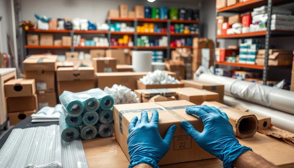 A professional workspace showcasing product packaging techniques and protective materials. In the foreground, a neatly arranged assortment of packaging materials, including bubble wrap, boxes, and tape, with a pair of gloved hands preparing to seal a package. The middle ground features a well-organized table with various sized boxes, packing peanuts, and a roll of protective film, all illuminated by soft, natural lighting. In the background, shelves filled with colorful packaging supplies create an engaging environment. Capture this scene from a slightly elevated angle to emphasize the action of packing, conveying a mood of efficiency and expertise in logistics. The overall atmosphere should feel organized, purposeful, and informative, providing a visual representation of effective and safe packaging practices. A professional workspace showcasing product packaging techniques and protective materials. In the foreground, a neatly arranged assortment of packaging materials, including bubble wrap, boxes, and tape, with a pair of gloved hands preparing to seal a package. The middle ground features a well-organized table with various sized boxes, packing peanuts, and a roll of protective film, all illuminated by soft, natural lighting. In the background, shelves filled with colorful packaging supplies create an engaging environment. Capture this scene from a slightly elevated angle to emphasize the action of packing, conveying a mood of efficiency and expertise in logistics. The overall atmosphere should feel organized, purposeful, and informative, providing a visual representation of effective and safe packaging practices.