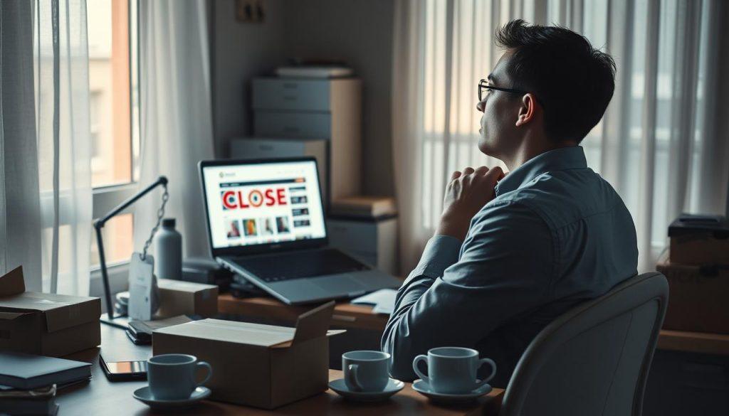 A reflective scene depicting a former e-commerce entrepreneur in a modest office, sitting at a cluttered desk with a laptop showcasing a closed online store. In the foreground, a thoughtful individual in professional attire gazes out of a window, seemingly lost in contemplation. The middle ground should show various e-commerce paraphernalia like shipping boxes, a smartphone displaying an app, and empty cups of coffee, hinting at long hours of work. In the background, a soft-lit room creates a cozy yet melancholic atmosphere, with dim light streaming through sheer curtains, symbolizing hope turning into disappointment. The overall mood is introspective, capturing the journey from ambition to a sober realization of challenges faced in the entrepreneurial landscape. A reflective scene depicting a former e-commerce entrepreneur in a modest office, sitting at a cluttered desk with a laptop showcasing a closed online store. In the foreground, a thoughtful individual in professional attire gazes out of a window, seemingly lost in contemplation. The middle ground should show various e-commerce paraphernalia like shipping boxes, a smartphone displaying an app, and empty cups of coffee, hinting at long hours of work. In the background, a soft-lit room creates a cozy yet melancholic atmosphere, with dim light streaming through sheer curtains, symbolizing hope turning into disappointment. The overall mood is introspective, capturing the journey from ambition to a sober realization of challenges faced in the entrepreneurial landscape.