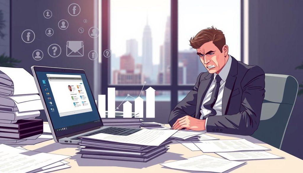 A scene depicting user frustration in a modern digital workspace. In the foreground, illustrate an office desk cluttered with documents, a laptop displaying a frustrated user interface, and a frustrated individual in professional attire staring at the screen with an expression of disbelief and anger. In the middle ground, show faint outlines of social media icons and graphs symbolizing data usage limitations and complaints. The background should include a blurred cityscape through a window, suggesting a busy urban environment. The lighting is bright but harsh, casting shadows that emphasize the tension. The overall mood is one of discontent and urgency, capturing the essence of user dissatisfaction with slow internet speeds. A scene depicting user frustration in a modern digital workspace. In the foreground, illustrate an office desk cluttered with documents, a laptop displaying a frustrated user interface, and a frustrated individual in professional attire staring at the screen with an expression of disbelief and anger. In the middle ground, show faint outlines of social media icons and graphs symbolizing data usage limitations and complaints. The background should include a blurred cityscape through a window, suggesting a busy urban environment. The lighting is bright but harsh, casting shadows that emphasize the tension. The overall mood is one of discontent and urgency, capturing the essence of user dissatisfaction with slow internet speeds.
