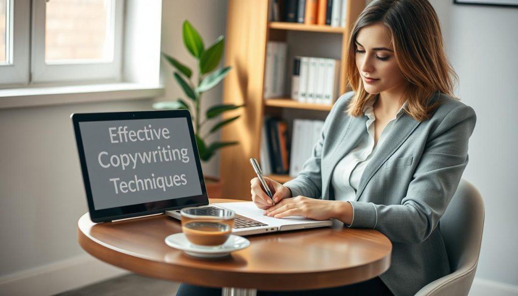 A serene office environment featuring a small round table with a laptop open, displaying a document titled "Effective Copywriting Techniques." In the foreground, a professional woman in smart casual attire sits thoughtfully, typing notes while holding a pen. Beside her, a cup of coffee reflects soft natural lighting from a nearby window. In the background, a stylish bookshelf filled with marketing books and a potted plant adds warmth to the scene, enhancing the focus on the copywriting. The mood is informative and inspirational, with a hint of creativity. The image is framed to highlight the individual’s engaged expression as she crafts appealing promotional content, emphasizing the importance of creating non-intrusive copy. A serene office environment featuring a small round table with a laptop open, displaying a document titled "Effective Copywriting Techniques." In the foreground, a professional woman in smart casual attire sits thoughtfully, typing notes while holding a pen. Beside her, a cup of coffee reflects soft natural lighting from a nearby window. In the background, a stylish bookshelf filled with marketing books and a potted plant adds warmth to the scene, enhancing the focus on the copywriting. The mood is informative and inspirational, with a hint of creativity. The image is framed to highlight the individual’s engaged expression as she crafts appealing promotional content, emphasizing the importance of creating non-intrusive copy.