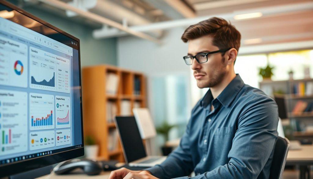 A sleek and modern interface for a product selection tool, showcasing an organized dashboard layout on a computer screen. The foreground features a user-friendly interface with various metrics displayed, including graphs, dropdown menus, and product categories. In the middle ground, a professional individual in smart casual attire is focused on the screen, analyzing product options with a thoughtful expression. The background illustrates a bright office environment with subtle indications of technology and productivity, such as bookshelves and soft lighting from overhead fixtures. The composition should incorporate a warm and motivating atmosphere, emphasizing efficiency and collaboration, captured with a wide-angle lens to show depth and engagement in the workspace. A sleek and modern interface for a product selection tool, showcasing an organized dashboard layout on a computer screen. The foreground features a user-friendly interface with various metrics displayed, including graphs, dropdown menus, and product categories. In the middle ground, a professional individual in smart casual attire is focused on the screen, analyzing product options with a thoughtful expression. The background illustrates a bright office environment with subtle indications of technology and productivity, such as bookshelves and soft lighting from overhead fixtures. The composition should incorporate a warm and motivating atmosphere, emphasizing efficiency and collaboration, captured with a wide-angle lens to show depth and engagement in the workspace.