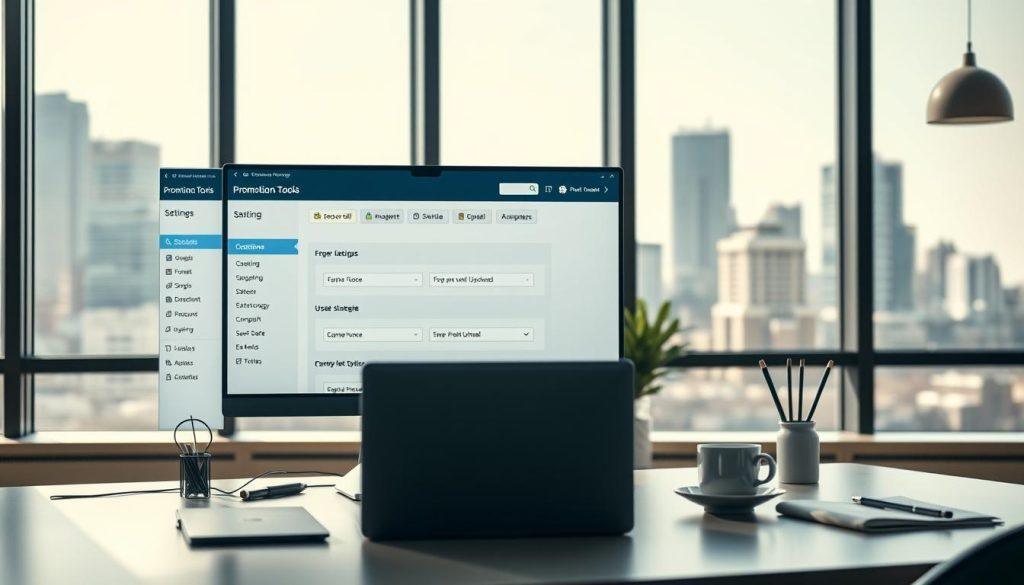 A sleek, modern interface showcasing a promotional tool settings page for an e-commerce platform. In the foreground, a computer screen illuminates with a vibrant and user-friendly dashboard displaying options for discounts, campaign scheduling, and upsell strategies. The middle ground features a stylish office desk with a laptop, coffee cup, and stationery, creating a productive atmosphere. In the background, large windows let in ample natural light, highlighting a cityscape that suggests a bustling marketplace. The overall mood is professional and dynamic, inspiring motivation and creativity in marketing strategies. The image is well-lit, emphasizing clarity and detail, with a shallow depth of field focusing on the screen’s content, while maintaining a clean and organized workspace. A sleek, modern interface showcasing a promotional tool settings page for an e-commerce platform. In the foreground, a computer screen illuminates with a vibrant and user-friendly dashboard displaying options for discounts, campaign scheduling, and upsell strategies. The middle ground features a stylish office desk with a laptop, coffee cup, and stationery, creating a productive atmosphere. In the background, large windows let in ample natural light, highlighting a cityscape that suggests a bustling marketplace. The overall mood is professional and dynamic, inspiring motivation and creativity in marketing strategies. The image is well-lit, emphasizing clarity and detail, with a shallow depth of field focusing on the screen’s content, while maintaining a clean and organized workspace.