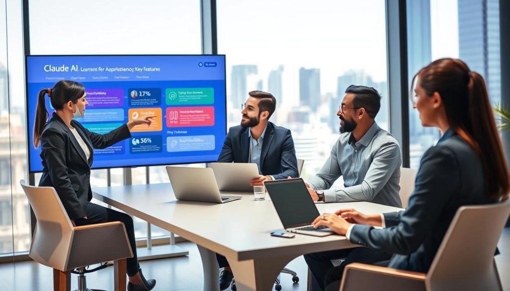A sleek, modern office setting featuring a diverse group of professionals engaged in a collaborative discussion about Claude AI technology. In the foreground, a woman in smart business attire is pointing at a large, digital screen displaying colorful infographics and key features of Claude AI, showcasing its capabilities. In the middle ground, two men and another woman are seated around a contemporary conference table, one taking notes on a laptop while another interacts with a tablet. The background includes large windows with a cityscape view, filled with natural light that creates a vibrant yet focused atmosphere. The lighting is bright and inviting, enhancing the professionalism of the scene, captured with a slight depth of field to keep attention on the main subjects while maintaining a pleasant environment. A sleek, modern office setting featuring a diverse group of professionals engaged in a collaborative discussion about Claude AI technology. In the foreground, a woman in smart business attire is pointing at a large, digital screen displaying colorful infographics and key features of Claude AI, showcasing its capabilities. In the middle ground, two men and another woman are seated around a contemporary conference table, one taking notes on a laptop while another interacts with a tablet. The background includes large windows with a cityscape view, filled with natural light that creates a vibrant yet focused atmosphere. The lighting is bright and inviting, enhancing the professionalism of the scene, captured with a slight depth of field to keep attention on the main subjects while maintaining a pleasant environment.