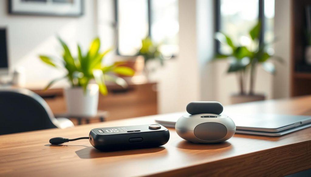 A sleek, modern portable health monitoring device rests on a stylish wooden table in the foreground, showcasing advanced features like a heart rate monitor, blood pressure sensor, and a small touchscreen display. Next to it, a compact massage device with ergonomic design, highlighting its use for relaxation and therapy, captures attention. In the middle ground, a softly lit, minimalistic office space enhances focus on the gadgets, suggesting a professional environment. The background features a blurred view of green plants and contemporary decor, creating a calming atmosphere. The lighting is bright yet warm, casting gentle shadows to emphasize the texture and materials of the devices. The overall mood is one of wellness and sophistication, inviting viewers to explore the benefits of modern health technology. A sleek, modern portable health monitoring device rests on a stylish wooden table in the foreground, showcasing advanced features like a heart rate monitor, blood pressure sensor, and a small touchscreen display. Next to it, a compact massage device with ergonomic design, highlighting its use for relaxation and therapy, captures attention. In the middle ground, a softly lit, minimalistic office space enhances focus on the gadgets, suggesting a professional environment. The background features a blurred view of green plants and contemporary decor, creating a calming atmosphere. The lighting is bright yet warm, casting gentle shadows to emphasize the texture and materials of the devices. The overall mood is one of wellness and sophistication, inviting viewers to explore the benefits of modern health technology.