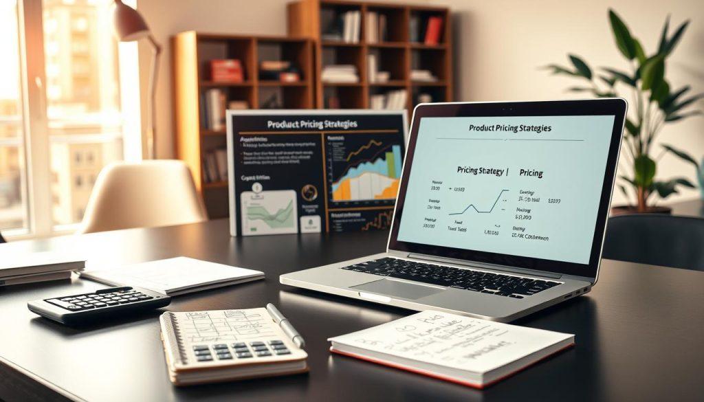 A sleek, professional workspace featuring a stylish desk with an open laptop displaying a pricing strategy and cost calculation formula relevant to e-commerce. In the foreground, a notepad filled with handwritten notes and a calculator sit beside the laptop, emphasizing focus on pricing tactics. The middle ground includes an infographic on product pricing strategies, adorned with graphs and charts, softly illuminated by a warm, natural light from a nearby window. The background features a modern office setup with bookshelves and a plant, creating a productive atmosphere. The overall mood is focused and inspiring, ideal for new sellers starting their e-commerce journey. A sleek, professional workspace featuring a stylish desk with an open laptop displaying a pricing strategy and cost calculation formula relevant to e-commerce. In the foreground, a notepad filled with handwritten notes and a calculator sit beside the laptop, emphasizing focus on pricing tactics. The middle ground includes an infographic on product pricing strategies, adorned with graphs and charts, softly illuminated by a warm, natural light from a nearby window. The background features a modern office setup with bookshelves and a plant, creating a productive atmosphere. The overall mood is focused and inspiring, ideal for new sellers starting their e-commerce journey.