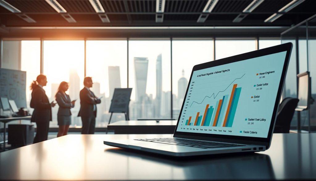 A sophisticated digital workspace showcasing the concept of SWE-bench. In the foreground, a laptop is open displaying a dynamic chart with performance metrics of AI programming against human engineers. To the left, a diverse group of professionals in business attire, engaged in a discussion about the implications of AI advancements. In the middle ground, a sleek office environment filled with tech gadgets and whiteboards illustrating coding paradigms. The background features large windows revealing a futuristic cityscape bathed in soft, natural light, creating an optimistic and innovative atmosphere. The overall mood should convey a sense of collaboration and groundbreaking technology, using a cinematic angle to emphasize the importance of the SWE-bench definition. A sophisticated digital workspace showcasing the concept of SWE-bench. In the foreground, a laptop is open displaying a dynamic chart with performance metrics of AI programming against human engineers. To the left, a diverse group of professionals in business attire, engaged in a discussion about the implications of AI advancements. In the middle ground, a sleek office environment filled with tech gadgets and whiteboards illustrating coding paradigms. The background features large windows revealing a futuristic cityscape bathed in soft, natural light, creating an optimistic and innovative atmosphere. The overall mood should convey a sense of collaboration and groundbreaking technology, using a cinematic angle to emphasize the importance of the SWE-bench definition.