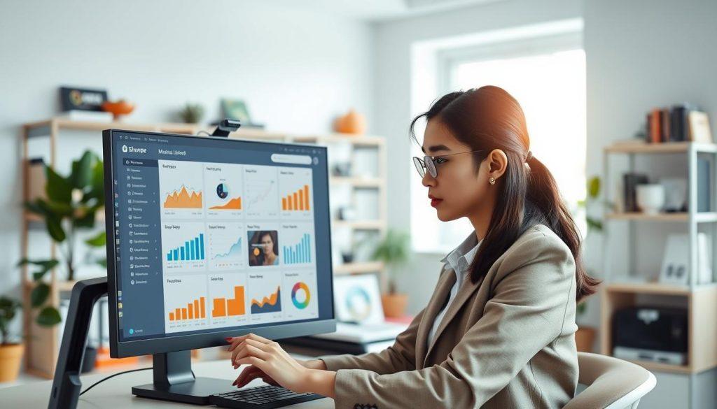 A spacious, well-lit office environment featuring a computer screen displaying the Shopee marketing tool interface. In the foreground, a professional Asian female entrepreneur, dressed in a smart-casual outfit, intently navigates the tool, her face reflecting concentration and determination. In the middle, the computer screen showcases colorful graphs, product listings, and marketing analytics, emphasizing usability and functionality. The background includes shelves filled with e-commerce books and a plant for a touch of warmth. Soft natural light filters in through a window, creating an inviting atmosphere that encourages productivity. The overall mood is one of focus and empowerment, highlighting the journey of a new seller learning to utilize Shopee’s marketing resources effectively. A spacious, well-lit office environment featuring a computer screen displaying the Shopee marketing tool interface. In the foreground, a professional Asian female entrepreneur, dressed in a smart-casual outfit, intently navigates the tool, her face reflecting concentration and determination. In the middle, the computer screen showcases colorful graphs, product listings, and marketing analytics, emphasizing usability and functionality. The background includes shelves filled with e-commerce books and a plant for a touch of warmth. Soft natural light filters in through a window, creating an inviting atmosphere that encourages productivity. The overall mood is one of focus and empowerment, highlighting the journey of a new seller learning to utilize Shopee’s marketing resources effectively.