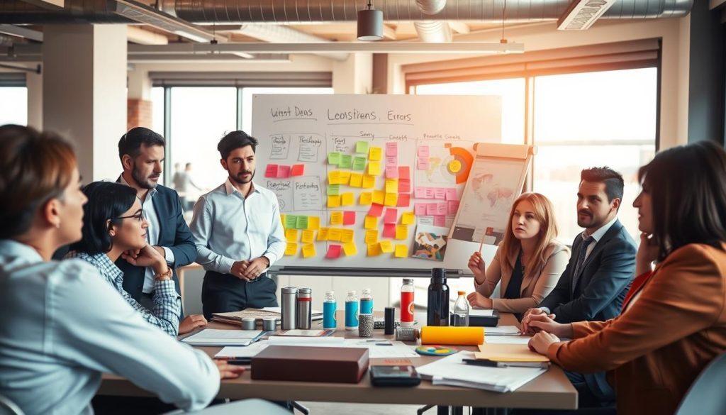 A strategic planning session for a marketing promotion, focusing on common mistakes in event planning. Foreground: a diverse group of professionals in business attire, gathered around a table covered in charts, graphs, and product mockups, looking concerned and engaged in discussion. Middle ground: a large whiteboard filled with colorful sticky notes showcasing promotion ideas and error highlights. Background: an office with modern decor, large windows letting in warm, natural light, creating a collaborative atmosphere. The mood is tense but productive, reflecting the importance of careful planning in marketing success. The image should be well lit, capturing the focus and determination of the team as they brainstorm solutions to avoid pitfalls in their promotional strategy. A strategic planning session for a marketing promotion, focusing on common mistakes in event planning. Foreground: a diverse group of professionals in business attire, gathered around a table covered in charts, graphs, and product mockups, looking concerned and engaged in discussion. Middle ground: a large whiteboard filled with colorful sticky notes showcasing promotion ideas and error highlights. Background: an office with modern decor, large windows letting in warm, natural light, creating a collaborative atmosphere. The mood is tense but productive, reflecting the importance of careful planning in marketing success. The image should be well lit, capturing the focus and determination of the team as they brainstorm solutions to avoid pitfalls in their promotional strategy.