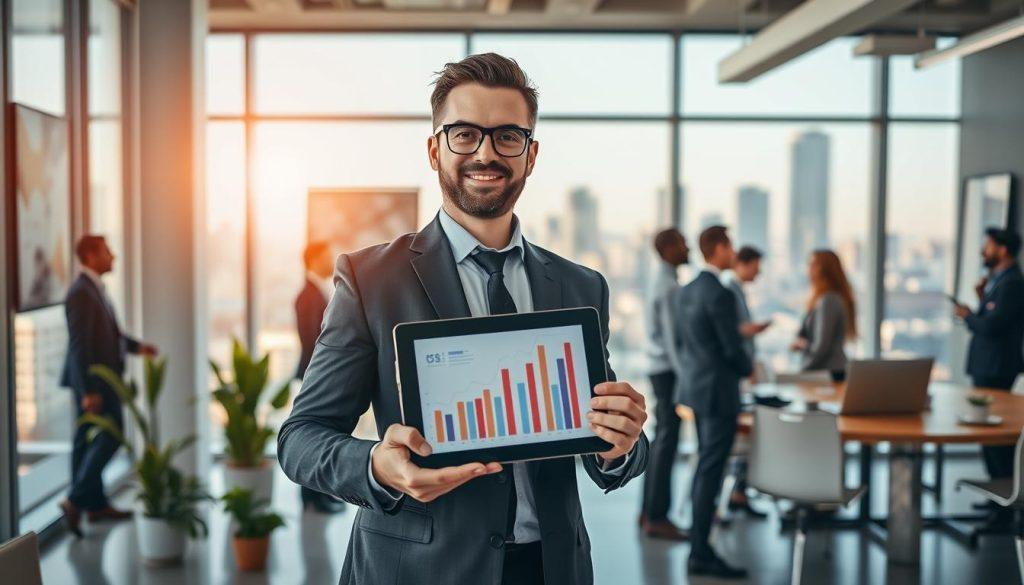 A successful self-employed agent, a confident individual dressed in professional business attire, stands proudly in the foreground, showcasing a digital tablet with graphs and charts depicting impressive growth and success. In the middle ground, a modern, sleek office space is visible, with plants and motivational posters reflecting a dynamic work environment, while a large window reveals a bustling cityscape bathed in warm, natural light. The background features blurred silhouettes of diverse colleagues engaged in discussions, illustrating collaboration and teamwork. The overall mood is inspiring and optimistic, emphasizing the potential of autonomous agents in the modern workplace. The lighting is bright yet soft, enhancing the professional atmosphere without overwhelming shadows. The camera angle is slightly low, capturing a sense of empowerment. A successful self-employed agent, a confident individual dressed in professional business attire, stands proudly in the foreground, showcasing a digital tablet with graphs and charts depicting impressive growth and success. In the middle ground, a modern, sleek office space is visible, with plants and motivational posters reflecting a dynamic work environment, while a large window reveals a bustling cityscape bathed in warm, natural light. The background features blurred silhouettes of diverse colleagues engaged in discussions, illustrating collaboration and teamwork. The overall mood is inspiring and optimistic, emphasizing the potential of autonomous agents in the modern workplace. The lighting is bright yet soft, enhancing the professional atmosphere without overwhelming shadows. The camera angle is slightly low, capturing a sense of empowerment.