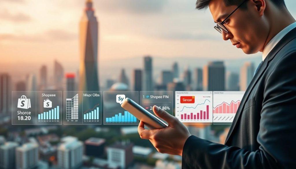 A vibrant and analytical scene depicting the competitive landscape of Taiwan's e-commerce market. In the foreground, a well-dressed business professional, focused and contemplative, reviews charts and graphs on a sleek digital tablet, showcasing market trends and competitor analysis. The middle ground features an array of digital displays showing key metrics and logos of major e-commerce platforms in Taiwan, like Shopee and others, emphasizing their comparative performance. In the background, a blurred cityscape of Taipei with iconic buildings, symbolizing growth and technological advancement, under soft, ambient lighting that creates a professional atmosphere. The overall mood is serious yet optimistic, reflecting the ongoing evolution of the market. The composition should be wide-angled to capture the dynamic interplay between the professional and the digital landscape without any text or overlays. A vibrant and analytical scene depicting the competitive landscape of Taiwan's e-commerce market. In the foreground, a well-dressed business professional, focused and contemplative, reviews charts and graphs on a sleek digital tablet, showcasing market trends and competitor analysis. The middle ground features an array of digital displays showing key metrics and logos of major e-commerce platforms in Taiwan, like Shopee and others, emphasizing their comparative performance. In the background, a blurred cityscape of Taipei with iconic buildings, symbolizing growth and technological advancement, under soft, ambient lighting that creates a professional atmosphere. The overall mood is serious yet optimistic, reflecting the ongoing evolution of the market. The composition should be wide-angled to capture the dynamic interplay between the professional and the digital landscape without any text or overlays.