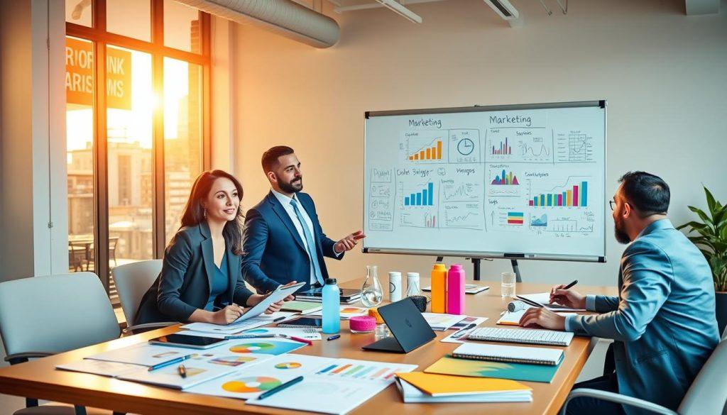 A vibrant and engaging scene illustrating a marketing strategy planning session to boost sales on a popular e-commerce platform. In the foreground, a diverse group of three professionals in smart business attire, including a woman and two men, are gathered around a large conference table filled with charts, digital devices, and marketing materials. The middle ground features a whiteboard filled with colorful graphs and brainstorming notes. The background shows a modern office setting with large windows letting in warm, natural light, creating an inviting atmosphere. The focus is on collaboration and creativity, with an optimistic mood as ideas are shared and discussed, highlighting the importance of effective marketing promotion strategies. The image captures energy and professionalism in a dynamic business environment. A vibrant and engaging scene illustrating a marketing strategy planning session to boost sales on a popular e-commerce platform. In the foreground, a diverse group of three professionals in smart business attire, including a woman and two men, are gathered around a large conference table filled with charts, digital devices, and marketing materials. The middle ground features a whiteboard filled with colorful graphs and brainstorming notes. The background shows a modern office setting with large windows letting in warm, natural light, creating an inviting atmosphere. The focus is on collaboration and creativity, with an optimistic mood as ideas are shared and discussed, highlighting the importance of effective marketing promotion strategies. The image captures energy and professionalism in a dynamic business environment.