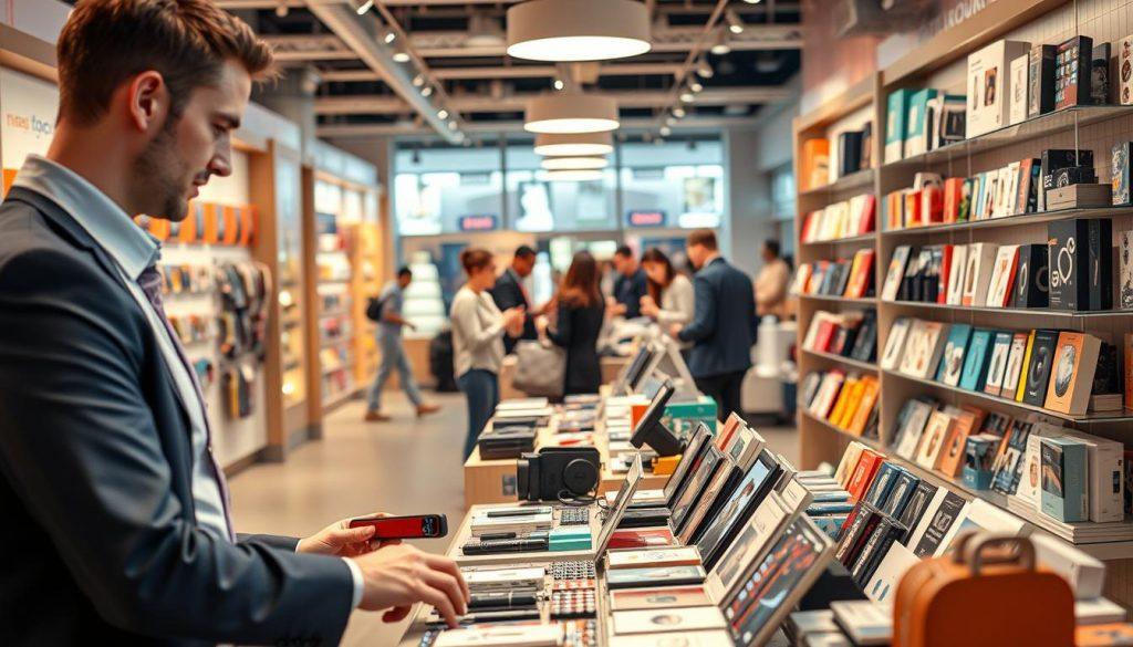 A vibrant and engaging visual representation of product bundling and cross-selling strategies in a retail setting. In the foreground, a professional looking salesperson in business attire interacts with a variety of attractive product displays, showcasing complementary items like gadgets, accessories, and bundled packages. In the middle ground, neatly organized shelves highlight appealing product arrangements, with focus on colors and shapes that entice consumers. The background features a modern retail environment, with shoppers browsing and engaging in a lively atmosphere. Soft, warm lighting creates an inviting mood, while a wide-angle lens captures the dynamic interactions and product diversity, emphasizing the idea of strategic sales combinations and promotions. A vibrant and engaging visual representation of product bundling and cross-selling strategies in a retail setting. In the foreground, a professional looking salesperson in business attire interacts with a variety of attractive product displays, showcasing complementary items like gadgets, accessories, and bundled packages. In the middle ground, neatly organized shelves highlight appealing product arrangements, with focus on colors and shapes that entice consumers. The background features a modern retail environment, with shoppers browsing and engaging in a lively atmosphere. Soft, warm lighting creates an inviting mood, while a wide-angle lens captures the dynamic interactions and product diversity, emphasizing the idea of strategic sales combinations and promotions.