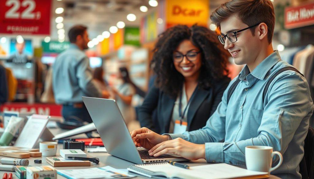 A vibrant and informative scene depicting a beginner seller at a bustling online marketplace. In the foreground, a focused young adult, dressed in professional attire, is engaged in using a laptop, analyzing data and feedback from Dcard. Scattered around them are tools for online selling: products on display, a notepad with handwritten notes, and a cup of coffee. In the middle ground, other sellers are interacting, discussing tips and exchanging ideas. Bright ambient lighting enhances the friendly atmosphere, while a blurred background showcases a vibrant, online retail environment with colorful merchandise and banners. The overall mood is one of excitement and learning, capturing the essence of sharing experiences as a new seller in the online marketplace. A vibrant and informative scene depicting a beginner seller at a bustling online marketplace. In the foreground, a focused young adult, dressed in professional attire, is engaged in using a laptop, analyzing data and feedback from Dcard. Scattered around them are tools for online selling: products on display, a notepad with handwritten notes, and a cup of coffee. In the middle ground, other sellers are interacting, discussing tips and exchanging ideas. Bright ambient lighting enhances the friendly atmosphere, while a blurred background showcases a vibrant, online retail environment with colorful merchandise and banners. The overall mood is one of excitement and learning, capturing the essence of sharing experiences as a new seller in the online marketplace.