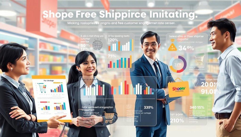 A vibrant and insightful infographic illustrating the impact of Shopee's free shipping campaign on sellers. In the foreground, display a diverse group of sellers (two men and two women) in professional attire engaged in a discussion, with expressions of curiosity and concern. In the middle ground, present various elements like charts, graphs, and statistics showing changes in sales and customer engagement rates due to the free shipping initiative. The background should depict a bustling online marketplace, with elements symbolizing e-commerce, such as shopping carts and digital devices. Use bright, engaging colors for an optimistic atmosphere, with soft, even lighting to ensure clarity and focus on the data visualizations. A vibrant and insightful infographic illustrating the impact of Shopee's free shipping campaign on sellers. In the foreground, display a diverse group of sellers (two men and two women) in professional attire engaged in a discussion, with expressions of curiosity and concern. In the middle ground, present various elements like charts, graphs, and statistics showing changes in sales and customer engagement rates due to the free shipping initiative. The background should depict a bustling online marketplace, with elements symbolizing e-commerce, such as shopping carts and digital devices. Use bright, engaging colors for an optimistic atmosphere, with soft, even lighting to ensure clarity and focus on the data visualizations.