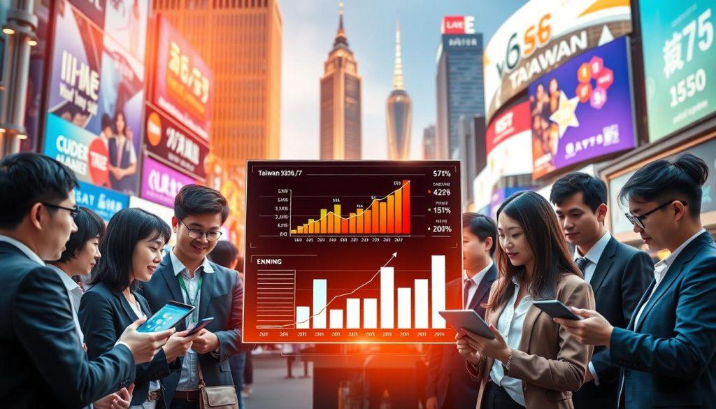 A vibrant and modern representation of Taiwan's e-commerce industry trends, showcasing a bustling digital marketplace scene. In the foreground, a diverse group of professionals in smart casual and business attire are engaged in discussions, analyzing data on tablets and laptops. The middle ground features a visually striking digital display of growth charts and online shopping statistics, emphasizing the expanding market. The background displays iconic Taiwanese buildings blended with elements of technology, like digital billboards advertising e-commerce platforms. The atmosphere is dynamic and optimistic, with warm light illuminating the scene, creating a sense of progress and opportunity. The composition captures the essence of Taiwan's evolving e-commerce landscape. A vibrant and modern representation of Taiwan's e-commerce industry trends, showcasing a bustling digital marketplace scene. In the foreground, a diverse group of professionals in smart casual and business attire are engaged in discussions, analyzing data on tablets and laptops. The middle ground features a visually striking digital display of growth charts and online shopping statistics, emphasizing the expanding market. The background displays iconic Taiwanese buildings blended with elements of technology, like digital billboards advertising e-commerce platforms. The atmosphere is dynamic and optimistic, with warm light illuminating the scene, creating a sense of progress and opportunity. The composition captures the essence of Taiwan's evolving e-commerce landscape.