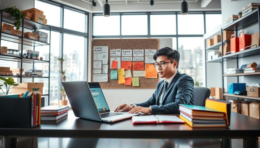 A vibrant and modern workspace illustrating the "Shopee Seller Registration Process" for online business. In the foreground, a professional businessperson, dressed in smart casual attire, is seated at a sleek desk with a laptop open, displaying the Shopee registration webpage. Nearby, colorful folders and a notepad filled with notes about the seller requirements are neatly arranged. In the middle, a bulletin board pinned with important steps for setting up a Shopee store – like "Create an Account" and "Upload Products" – adds depth. The background features soft-focused shelves filled with packaging materials and e-commerce related items, while large windows allow natural light to flood the scene, creating an inviting atmosphere. The overall mood is organized, inspiring, and ideal for new sellers preparing to enter the e-commerce world. A vibrant and modern workspace illustrating the "Shopee Seller Registration Process" for online business. In the foreground, a professional businessperson, dressed in smart casual attire, is seated at a sleek desk with a laptop open, displaying the Shopee registration webpage. Nearby, colorful folders and a notepad filled with notes about the seller requirements are neatly arranged. In the middle, a bulletin board pinned with important steps for setting up a Shopee store – like "Create an Account" and "Upload Products" – adds depth. The background features soft-focused shelves filled with packaging materials and e-commerce related items, while large windows allow natural light to flood the scene, creating an inviting atmosphere. The overall mood is organized, inspiring, and ideal for new sellers preparing to enter the e-commerce world.