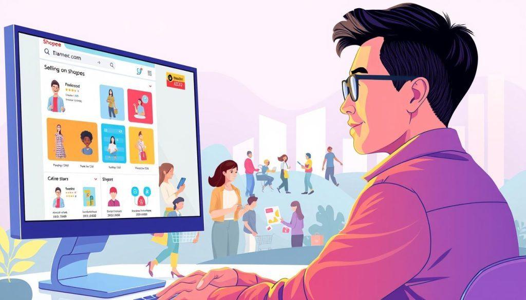 A vibrant and visually appealing illustration depicting the advantages of selling on Shopee, featuring a professional-looking seller engaging with their online store. In the foreground, showcase a computer screen displaying the Shopee interface with colorful product listings and positive customer feedback. The middle ground should depict a diverse group of happy customers shopping on their devices, highlighting the convenience and accessibility of the platform. In the background, illustrate a digital landscape with symbols of growth, such as ascending graphs and shopping carts, representing the benefits of selling on Shopee. The lighting should be bright and inviting, creating a warm atmosphere, with a slightly angled perspective to add depth to the scene. Overall, the mood should convey optimism and the ease of starting an online business on Shopee. A vibrant and visually appealing illustration depicting the advantages of selling on Shopee, featuring a professional-looking seller engaging with their online store. In the foreground, showcase a computer screen displaying the Shopee interface with colorful product listings and positive customer feedback. The middle ground should depict a diverse group of happy customers shopping on their devices, highlighting the convenience and accessibility of the platform. In the background, illustrate a digital landscape with symbols of growth, such as ascending graphs and shopping carts, representing the benefits of selling on Shopee. The lighting should be bright and inviting, creating a warm atmosphere, with a slightly angled perspective to add depth to the scene. Overall, the mood should convey optimism and the ease of starting an online business on Shopee.