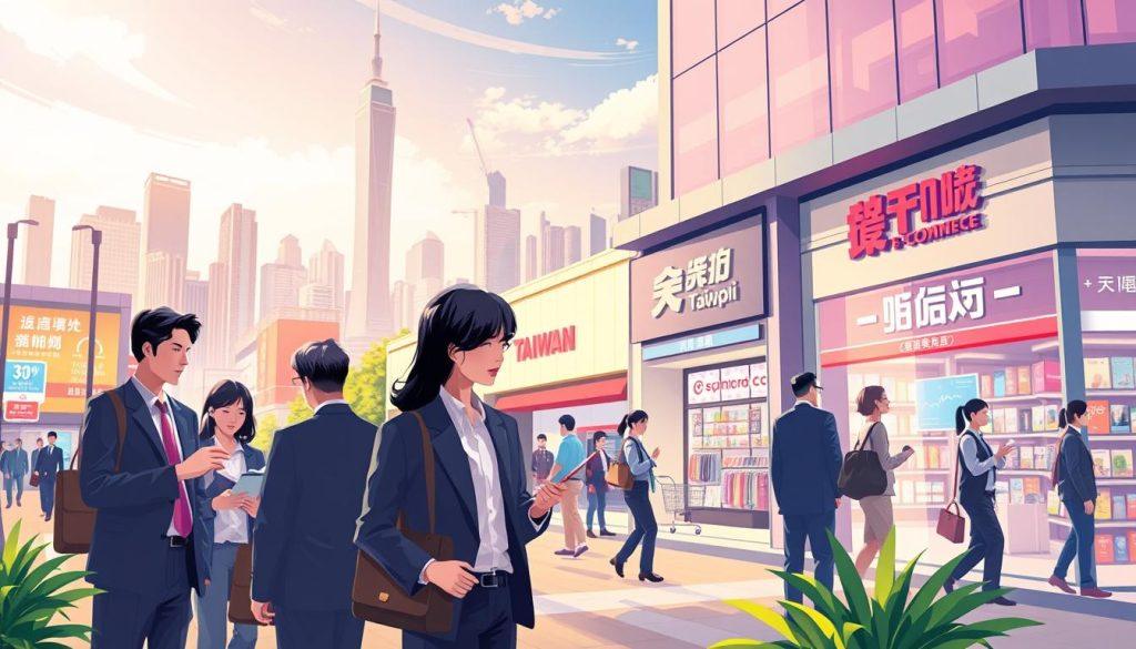 A vibrant digital illustration depicting Taiwan's e-commerce landscape impacted by recent market events. In the foreground, focus on a bustling city scene featuring professional individuals, dressed in business attire, engaged in discussions, analyzing charts and graphs related to e-commerce. In the middle, showcase a modern retail environment with storefronts representing various e-commerce brands, highlighting a mix of traditional and digital commerce elements. In the background, visualize a dramatic skyline of Taipei, symbolizing technological advancement and economic shifts. The lighting should be bright and optimistic, conveying a sense of opportunity amidst challenges, with a slightly dynamic angle that captures movement and engagement within the scene. The overall mood should reflect both concern and hope, illustrating the resilience of Taiwan's e-commerce ecosystem. A vibrant digital illustration depicting Taiwan's e-commerce landscape impacted by recent market events. In the foreground, focus on a bustling city scene featuring professional individuals, dressed in business attire, engaged in discussions, analyzing charts and graphs related to e-commerce. In the middle, showcase a modern retail environment with storefronts representing various e-commerce brands, highlighting a mix of traditional and digital commerce elements. In the background, visualize a dramatic skyline of Taipei, symbolizing technological advancement and economic shifts. The lighting should be bright and optimistic, conveying a sense of opportunity amidst challenges, with a slightly dynamic angle that captures movement and engagement within the scene. The overall mood should reflect both concern and hope, illustrating the resilience of Taiwan's e-commerce ecosystem.