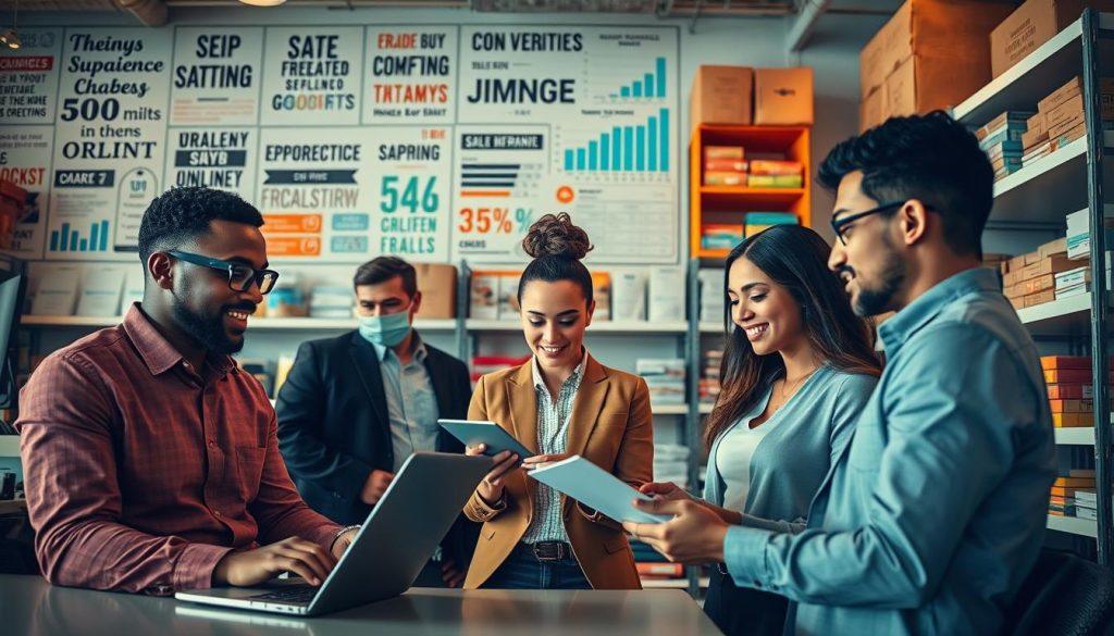 A vibrant, engaging scene depicting an online seller's experience in a bustling workspace. In the foreground, a diverse group of three individuals in smart casual attire, focused on discussing ecommerce strategies. One is typing on a laptop, another is showing a product sample, and the third is taking notes. In the middle ground, a wall covered with inspirational quotes and charts related to sales performance. In the background, shelves stocked with various products ready for shipping, reflecting the online retail environment. Soft, warm lighting illuminates the scene, creating a collaborative and motivational atmosphere. The perspective is slightly angled, offering depth, and capturing the dynamic energy of entrepreneurship. A vibrant, engaging scene depicting an online seller's experience in a bustling workspace. In the foreground, a diverse group of three individuals in smart casual attire, focused on discussing ecommerce strategies. One is typing on a laptop, another is showing a product sample, and the third is taking notes. In the middle ground, a wall covered with inspirational quotes and charts related to sales performance. In the background, shelves stocked with various products ready for shipping, reflecting the online retail environment. Soft, warm lighting illuminates the scene, creating a collaborative and motivational atmosphere. The perspective is slightly angled, offering depth, and capturing the dynamic energy of entrepreneurship.