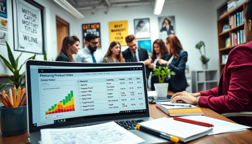 A vibrant, engaging workspace showcasing a digital environment focused on optimizing product titles for online sales. In the foreground, a laptop displays a colorful analysis chart and a list of catchy product titles, surrounded by notepads and pens. The middle ground features a brainstorming session, with a diverse team of professionals in business attire collaborating, sharing ideas, and pointing at the laptop screen. The background includes a well-lit office space with motivational posters on the wall, plants for a touch of greenery, and bookshelves filled with marketing resources. The lighting is bright and inviting, creating an atmosphere of creativity and focus, captured from a slightly elevated angle to emphasize the teamwork and collaborative spirit. A vibrant, engaging workspace showcasing a digital environment focused on optimizing product titles for online sales. In the foreground, a laptop displays a colorful analysis chart and a list of catchy product titles, surrounded by notepads and pens. The middle ground features a brainstorming session, with a diverse team of professionals in business attire collaborating, sharing ideas, and pointing at the laptop screen. The background includes a well-lit office space with motivational posters on the wall, plants for a touch of greenery, and bookshelves filled with marketing resources. The lighting is bright and inviting, creating an atmosphere of creativity and focus, captured from a slightly elevated angle to emphasize the teamwork and collaborative spirit.
