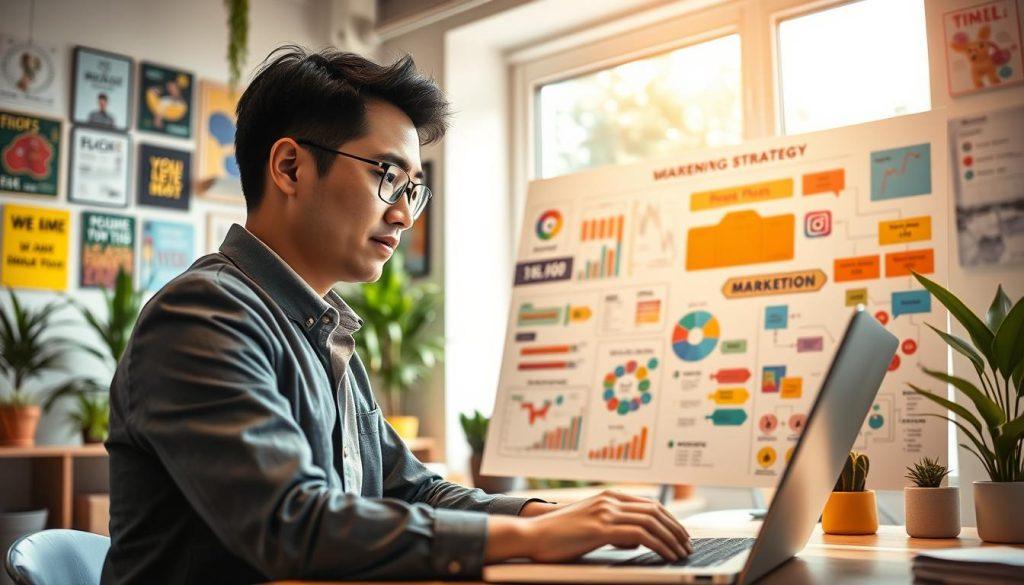 A vibrant image depicting a beginner seller on a bustling e-commerce platform, focused on attracting customers. In the foreground, a young Asian entrepreneur, dressed in business casual attire, is analyzing data on a laptop with a focused expression. The middle ground features a digital marketing strategy board filled with colorful charts, social media icons, and flow diagrams showing customer attraction techniques. The background showcases a bright, inviting workspace with a large window letting in natural light, plants, and motivational posters, creating an inspiring atmosphere. The overall mood is optimistic and energetic, highlighting the dynamic world of online selling. The angle should be slightly elevated to emphasize both the seller and the marketing strategies visually. A vibrant image depicting a beginner seller on a bustling e-commerce platform, focused on attracting customers. In the foreground, a young Asian entrepreneur, dressed in business casual attire, is analyzing data on a laptop with a focused expression. The middle ground features a digital marketing strategy board filled with colorful charts, social media icons, and flow diagrams showing customer attraction techniques. The background showcases a bright, inviting workspace with a large window letting in natural light, plants, and motivational posters, creating an inspiring atmosphere. The overall mood is optimistic and energetic, highlighting the dynamic world of online selling. The angle should be slightly elevated to emphasize both the seller and the marketing strategies visually.