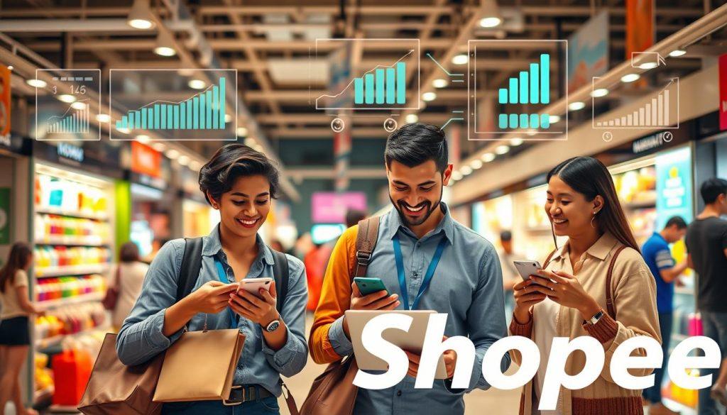 A vibrant scene illustrating the advantages of the Shopee platform in the e-commerce market. In the foreground, a diverse group of three professional sellers of different ethnicities, engaged in discussions, showcasing products on mobile devices and laptops. The middle ground features a bright, modern marketplace ambiance with colorful product displays and dynamic interactions among shoppers. In the background, digital graphics represent market trends, charts, and growth statistics, symbolizing a thriving e-commerce environment. The lighting is warm and inviting, with a slight focus on the sellers’ faces to capture enthusiasm and professionalism. The overall mood is optimistic, conveying a sense of opportunity and innovation in e-commerce. A vibrant scene illustrating the advantages of the Shopee platform in the e-commerce market. In the foreground, a diverse group of three professional sellers of different ethnicities, engaged in discussions, showcasing products on mobile devices and laptops. The middle ground features a bright, modern marketplace ambiance with colorful product displays and dynamic interactions among shoppers. In the background, digital graphics represent market trends, charts, and growth statistics, symbolizing a thriving e-commerce environment. The lighting is warm and inviting, with a slight focus on the sellers’ faces to capture enthusiasm and professionalism. The overall mood is optimistic, conveying a sense of opportunity and innovation in e-commerce.