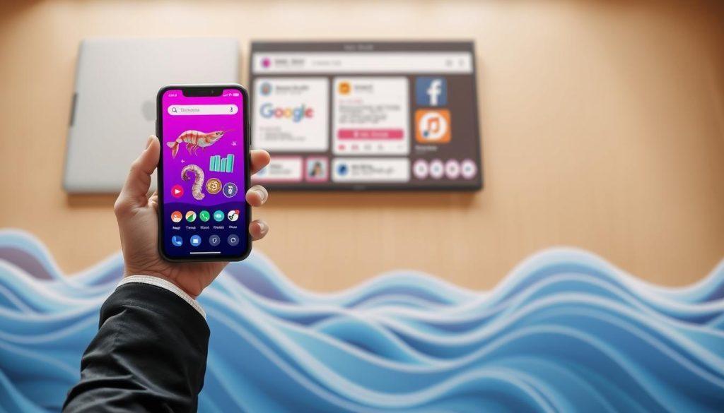 A vibrant scene illustrating the concept of "蝦皮分潤連結發文策略黃金比例". In the foreground, a professional-looking individual in business attire, holding a smartphone displaying a colorful app interface with shrimp and graphs to symbolize profits. The middle ground features a split-screen visual showcasing various social media platforms with a focus on Threads, suggesting balance in sharing techniques. The background consists of abstract waves mimicking flowing connections, representing the dynamic nature of online sharing. The image is illuminated by soft, natural lighting that creates a warm and inviting atmosphere. The perspective is slightly angled from above, providing an engaging composition that captures both professionalism and creativity. A vibrant scene illustrating the concept of "蝦皮分潤連結發文策略黃金比例". In the foreground, a professional-looking individual in business attire, holding a smartphone displaying a colorful app interface with shrimp and graphs to symbolize profits. The middle ground features a split-screen visual showcasing various social media platforms with a focus on Threads, suggesting balance in sharing techniques. The background consists of abstract waves mimicking flowing connections, representing the dynamic nature of online sharing. The image is illuminated by soft, natural lighting that creates a warm and inviting atmosphere. The perspective is slightly angled from above, providing an engaging composition that captures both professionalism and creativity.