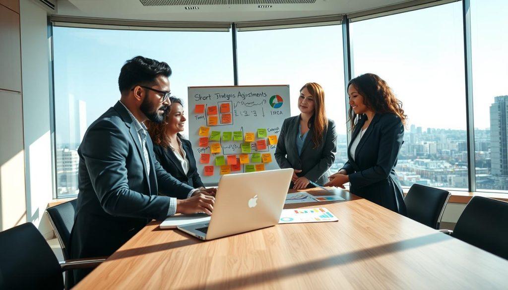 A vibrant, well-organized boardroom scene depicting a business meeting focused on strategic adjustments. In the foreground, a diverse group of three professionals in business attire, a man and two women, are engaged in a discussion, studying charts and graphs displayed on a sleek laptop. In the middle ground, a large whiteboard filled with colorful post-it notes outlining short-term strategies and adjustments. The background features a panoramic window with a city skyline, bright sunlight casting dynamic shadows, creating a productive and optimistic atmosphere. The overall mood is focused and collaborative, emphasizing teamwork and strategic planning in a modern corporate setting, captured with a wide-angle lens to enhance depth. A vibrant, well-organized boardroom scene depicting a business meeting focused on strategic adjustments. In the foreground, a diverse group of three professionals in business attire, a man and two women, are engaged in a discussion, studying charts and graphs displayed on a sleek laptop. In the middle ground, a large whiteboard filled with colorful post-it notes outlining short-term strategies and adjustments. The background features a panoramic window with a city skyline, bright sunlight casting dynamic shadows, creating a productive and optimistic atmosphere. The overall mood is focused and collaborative, emphasizing teamwork and strategic planning in a modern corporate setting, captured with a wide-angle lens to enhance depth.