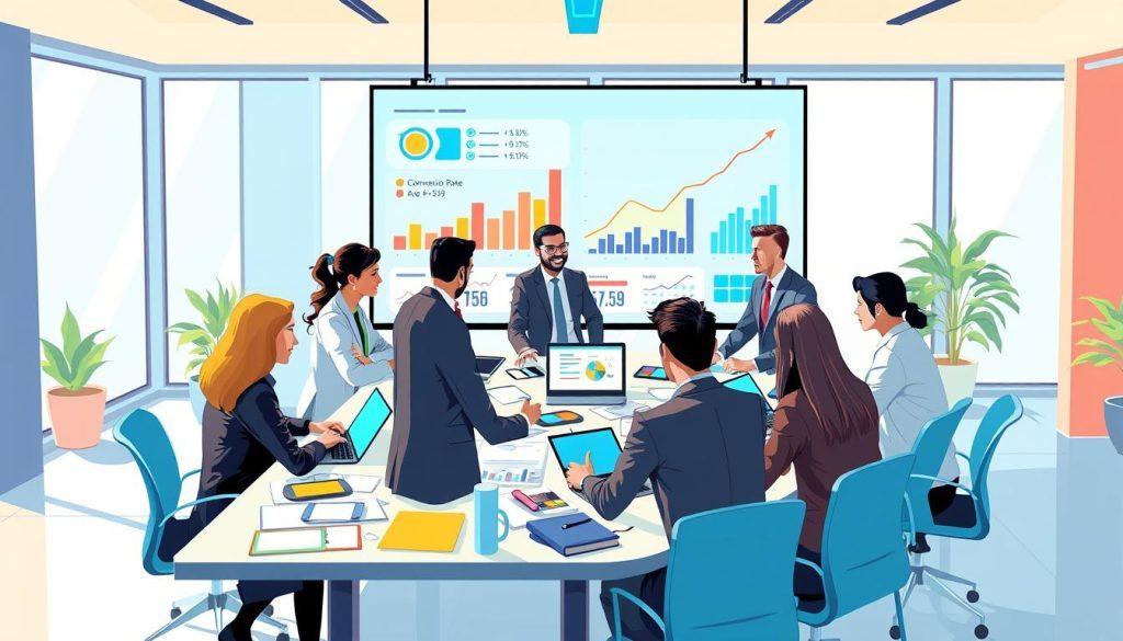 A visually compelling illustration depicting a business strategy meeting focused on product selection for a target audience. In the foreground, a diverse group of professionals, dressed in smart business attire, engage in a dynamic discussion around a conference table cluttered with laptops, charts, and graphs. They appear focused and analytical. In the middle ground, a large screen displays colorful data visualizations and conversion rate metrics in a soothing blue light, hinting at the theme of optimization. The background shows a modern office environment with large windows allowing natural light to flood in, creating an inviting atmosphere. The overall mood is one of collaboration and strategic planning, inviting viewers to feel inspired by the pursuit of effective decision-making. A visually compelling illustration depicting a business strategy meeting focused on product selection for a target audience. In the foreground, a diverse group of professionals, dressed in smart business attire, engage in a dynamic discussion around a conference table cluttered with laptops, charts, and graphs. They appear focused and analytical. In the middle ground, a large screen displays colorful data visualizations and conversion rate metrics in a soothing blue light, hinting at the theme of optimization. The background shows a modern office environment with large windows allowing natural light to flood in, creating an inviting atmosphere. The overall mood is one of collaboration and strategic planning, inviting viewers to feel inspired by the pursuit of effective decision-making.