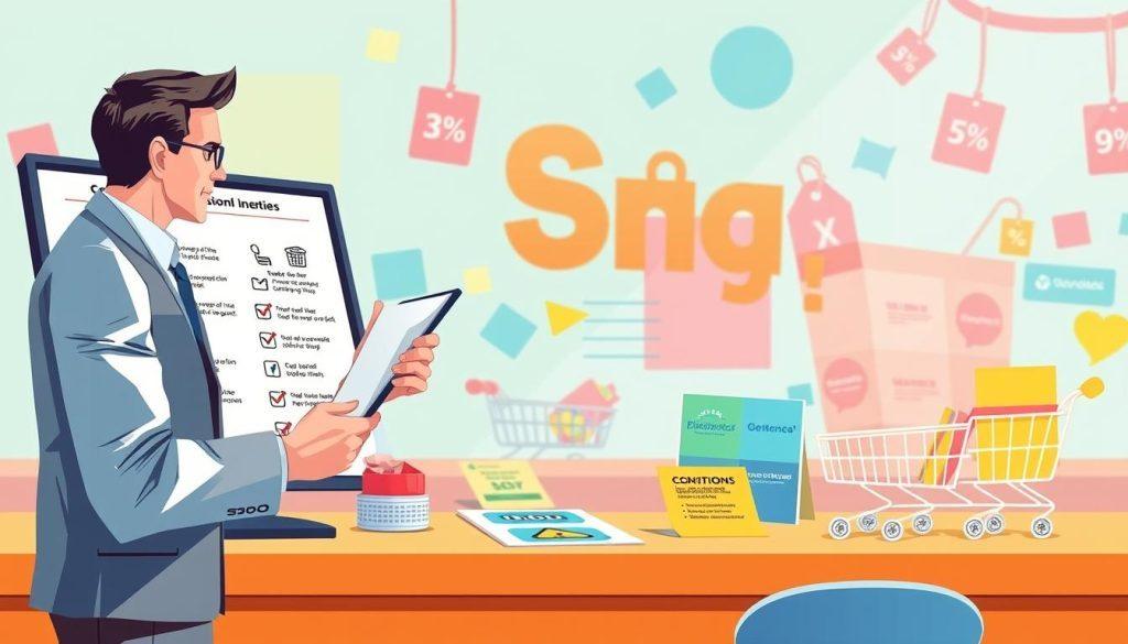A visually engaging and informative illustration representing the Shopee promotional signing prerequisites. In the foreground, a professional individual, dressed in business attire, reviews a checklist with a digital screen displaying various promotional icons and conditions. In the middle ground, a table with colorful flyers and promotional materials highlights the features of the Shopee platform, emphasizing engagement and strategy. The background features abstract representations of e-commerce elements like shopping carts and discount tags to evoke a vibrant marketplace atmosphere. The lighting is bright and inviting, creating a professional yet approachable feel. The composition is dynamic, drawing the viewer in to understand the mechanisms of promotional activities effectively. A visually engaging and informative illustration representing the Shopee promotional signing prerequisites. In the foreground, a professional individual, dressed in business attire, reviews a checklist with a digital screen displaying various promotional icons and conditions. In the middle ground, a table with colorful flyers and promotional materials highlights the features of the Shopee platform, emphasizing engagement and strategy. The background features abstract representations of e-commerce elements like shopping carts and discount tags to evoke a vibrant marketplace atmosphere. The lighting is bright and inviting, creating a professional yet approachable feel. The composition is dynamic, drawing the viewer in to understand the mechanisms of promotional activities effectively.